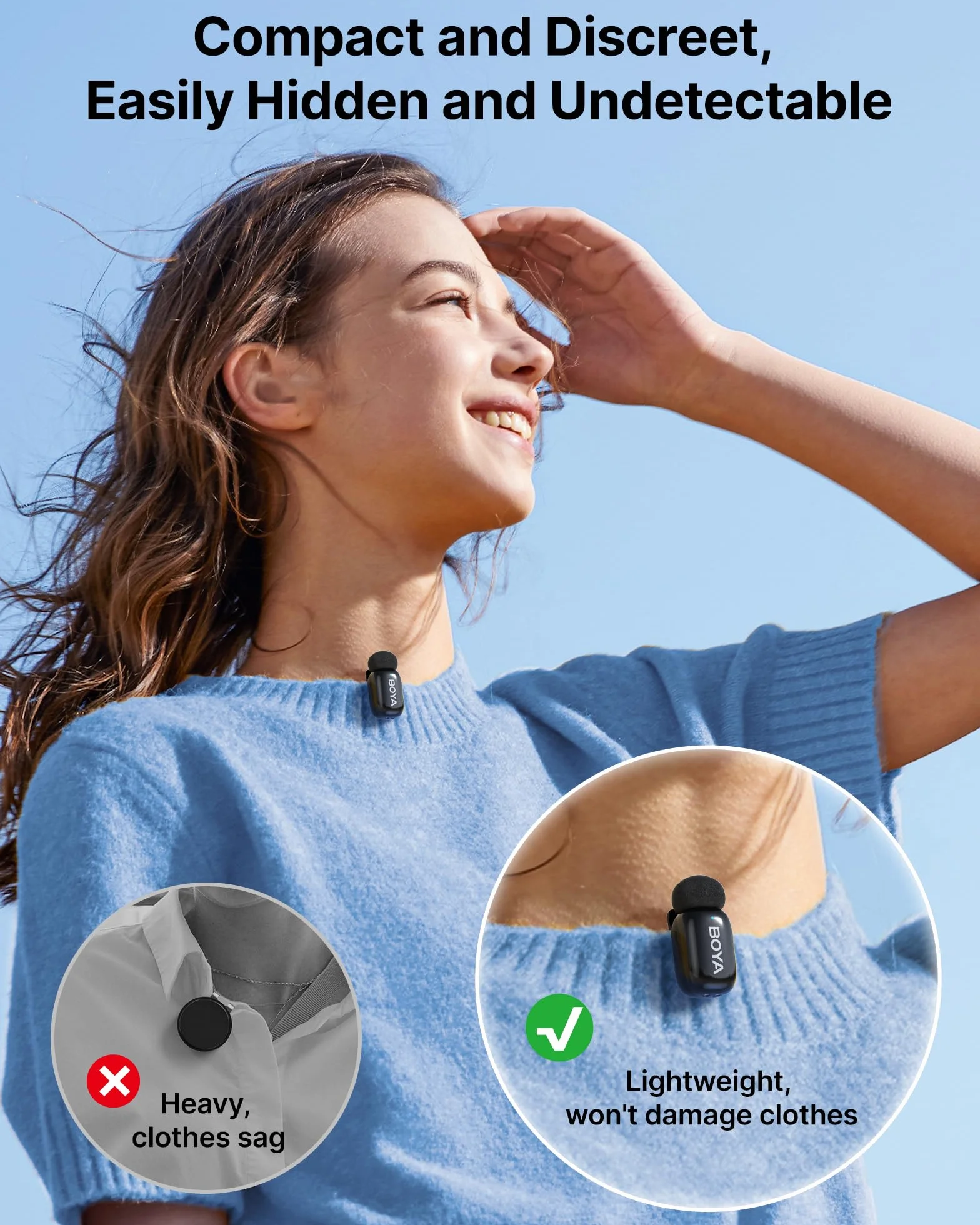 BoyaMini Bezprzewodowy mikrofon krawatowy do iPhone'a 15/16, Androida, USB-C, z redukcją szumów, zmiana głosu AI, do vlogowania, TikTok, YouTube, dla twórców treści