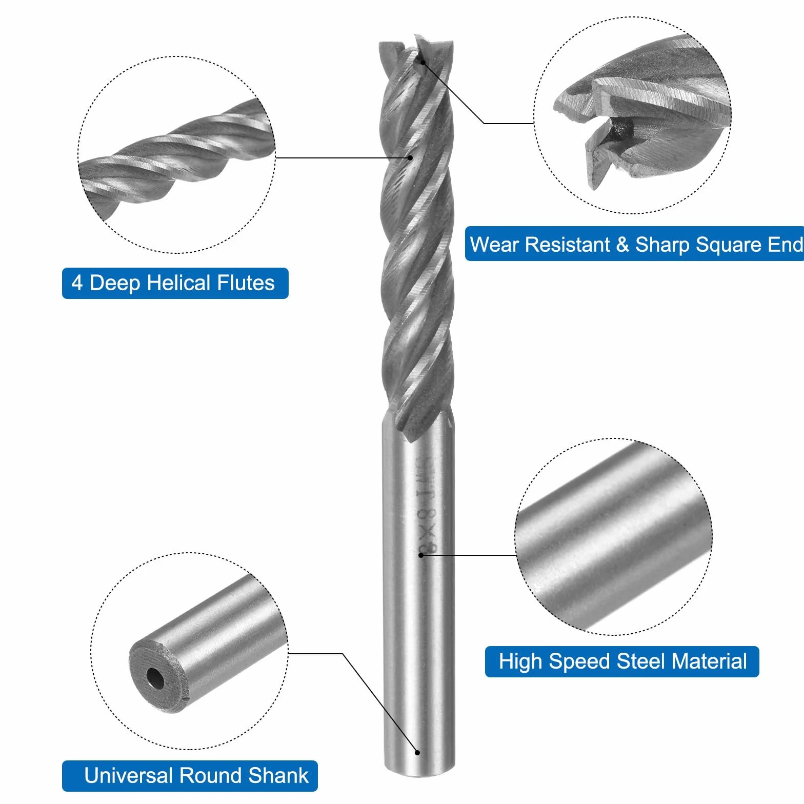 QUARKZMAN 2 szt. 8 mm x 8 mm 42 mm Głębokość cięcia spiralnego rowka 4 rowki HSS-AL spiralne końcówki młyna frez