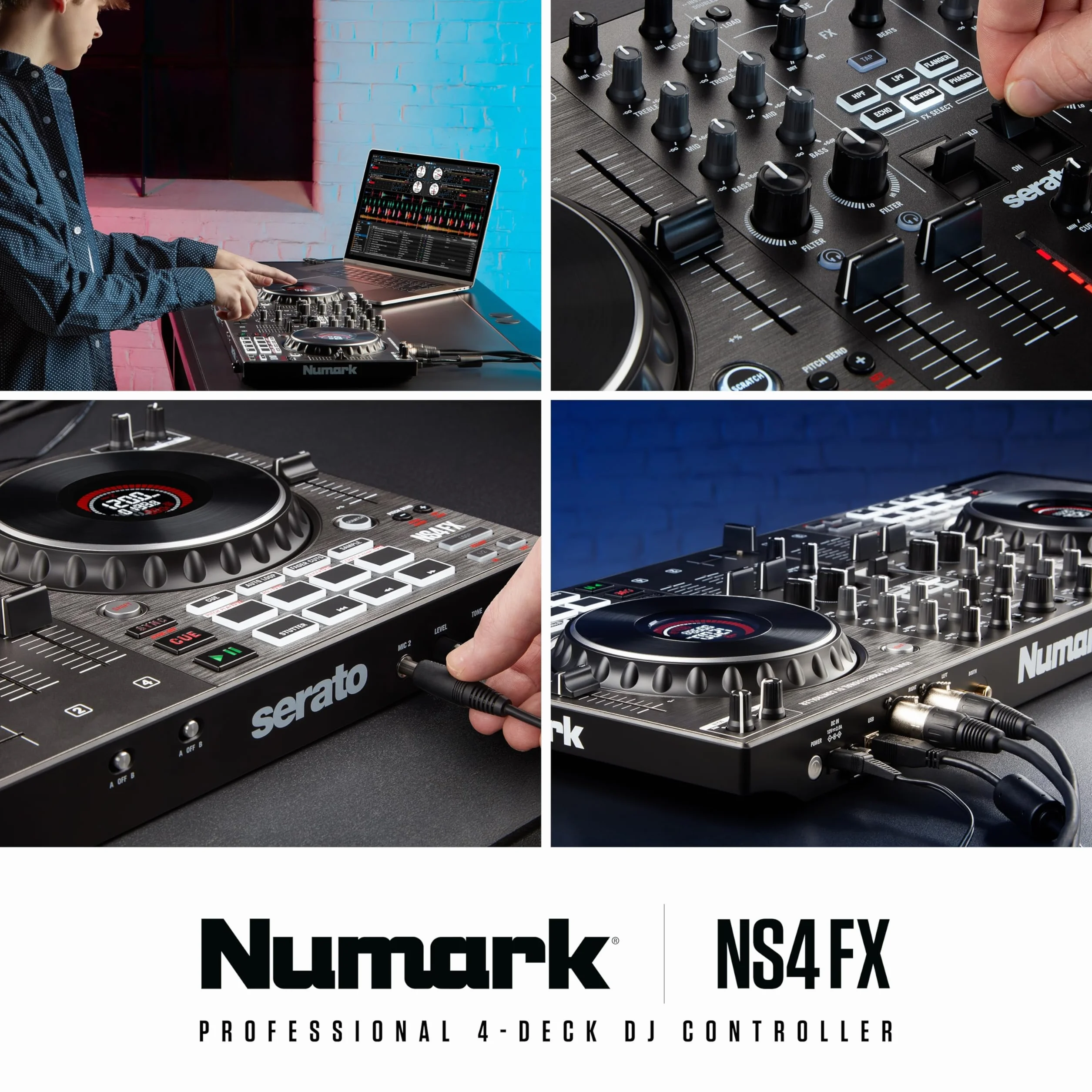 Numark NS4FX 4-Kanałowy DJ Kontroler, Dotykowe Koła Jog z Wyświetlaczem, Pady i Efekty, Wyjście Booth i Główne, w Komplecie Serato DJ Lite