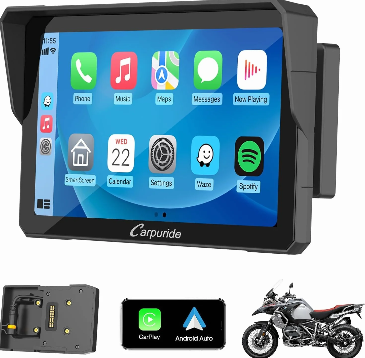 Carpuride W702B Motocyklowy ekran Carplay z niestandardowym mocowaniem do BMW Motorbike, Wireless CarPlay i Android Auto, przenośny 7-calowy wodoodporny ekran dotykowy, podwójny Bluetooth, nawigacja,