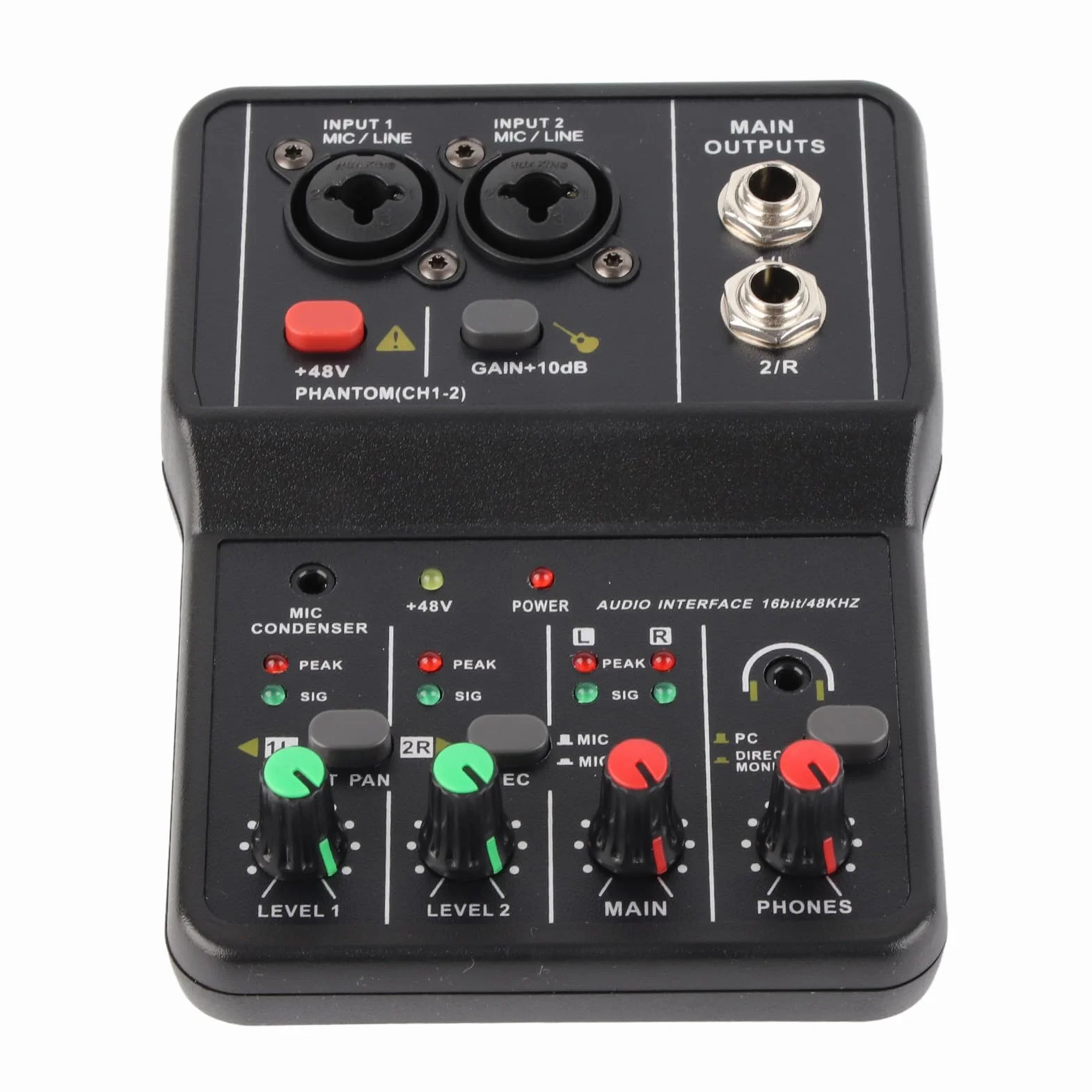 Mini mikser audio, 2-kanałowy mikser USB 48 V system zasilania konsola kompaktowy dźwięk fantom karta dźwiękowa do nagrywania muzyki karaoke dom internet biznes kanały plaża
