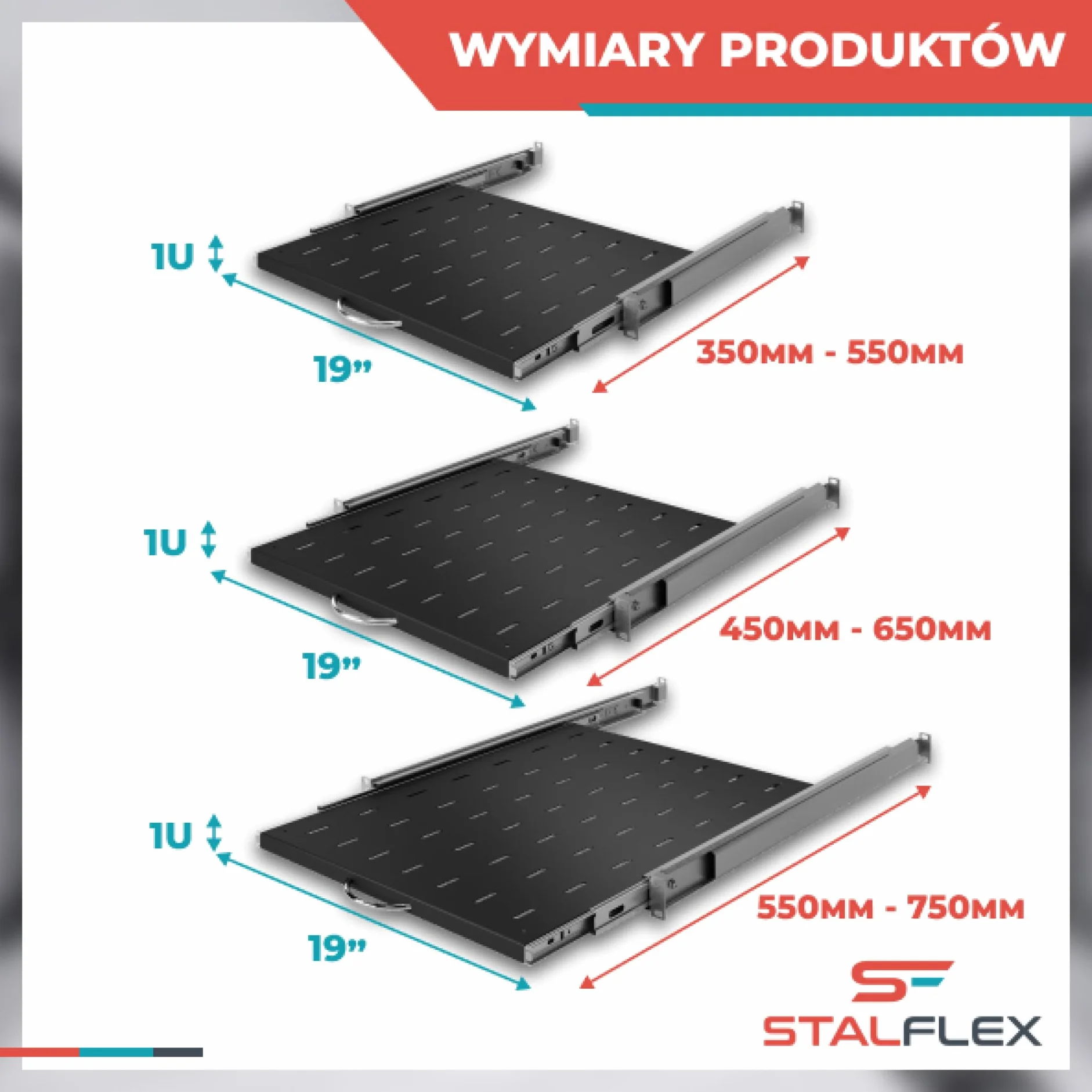 Półka Wysuwana Standard Rack 19 cali 1U 450mm, Metal, Czarny | Półka Wysuwana 19 Cali Płaska Perforowana, Wysuwana 200mm do Montażu w Szafach Serwerowych Sieciowych w Systemie Rack