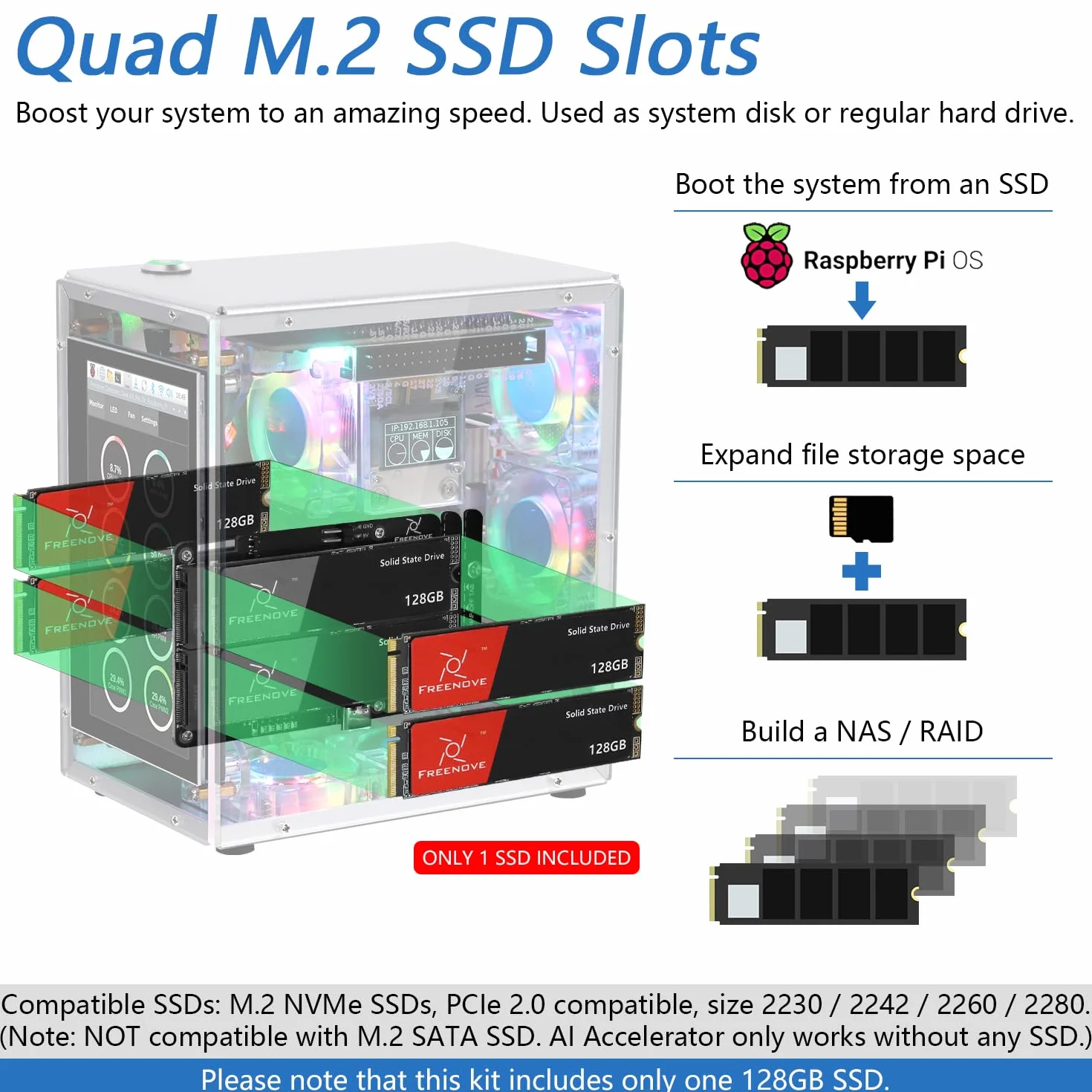 Freenove Raspberry Pi 5 NAS Case Kit (with 1x 128GB SSD), Quad M.2 NVMe SSD Slots, 5 PWM ARGB Fans Light Sync, CPU Tower Cooler, 4.3" Touchscreen, Stereo Speakers, 3.5 mm Audio