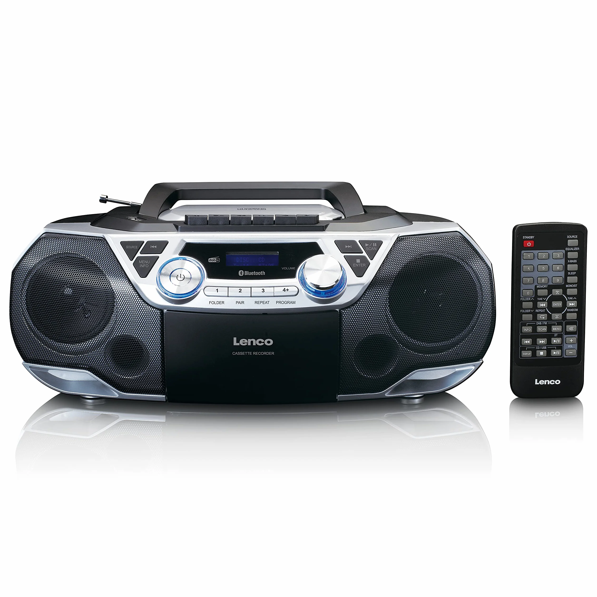 Lenco SCD-720 - Boombox DAB+ - Bluetooth 5.0 - odtwarzacz CD/MP3 od góry - magnetofon - radio FM - złącze USB - 2 x 6 W RMS - Bass Reflex - pilot zdalnego sterowania - srebrny