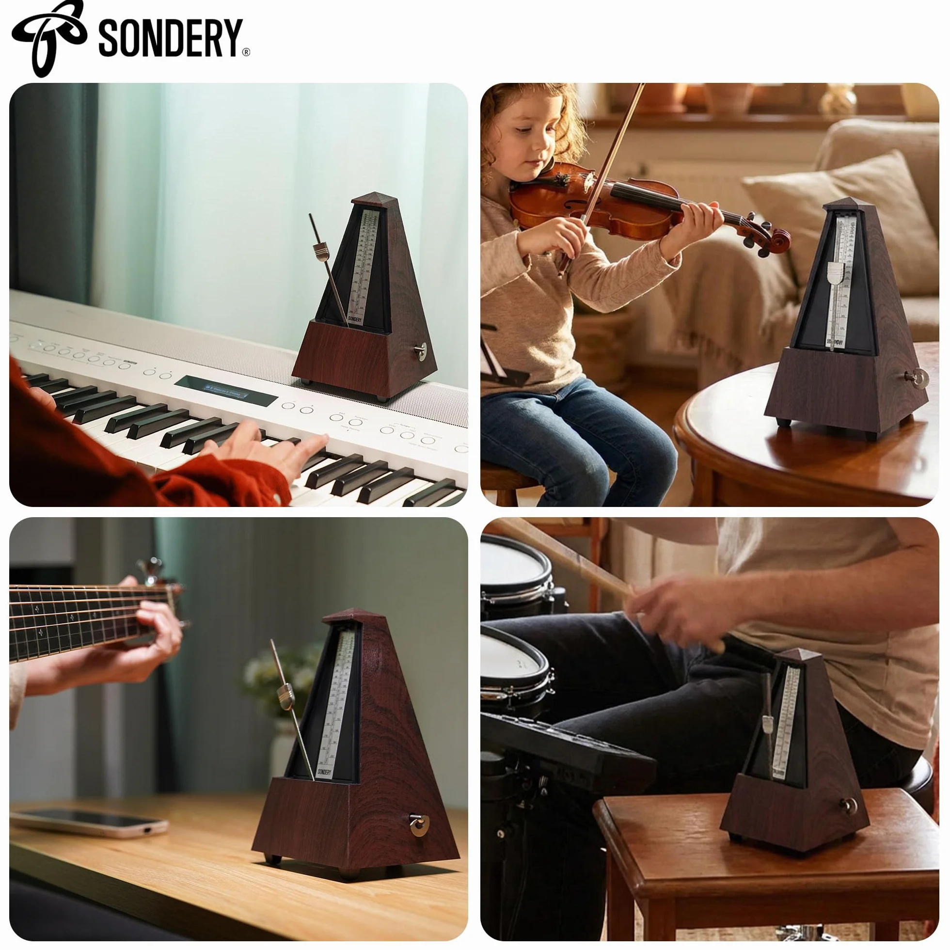 Sondery Classic Mechaniczny Metronom z dzwonkiem do fortepianu, gitary, perkusji, skrzypiec, saksofonu i wszystkich instrumentów, zakres tempa 40-208 bpm, uderzenia 02346, brązowa obudowa z wzorem