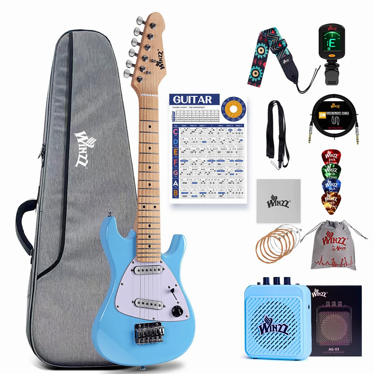Winzz Zestaw dla początkujących, gitara elektryczna dla dzieci, rozmiar 1/4, mini gitara elektryczna dla dzieci, kompletny zestaw ze wzmacniaczem, błyszczący niebieski kolor