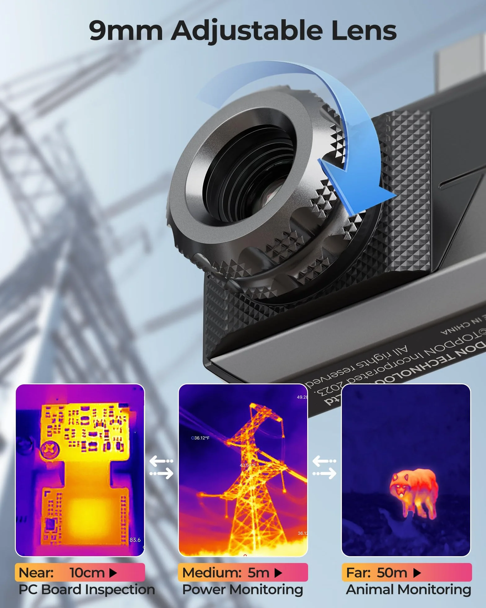 TOPDON TS001 kamera termowizyjna z systemem Android, zakres obserwacji od 0,1 do 500 m, regulowany obiektyw 9 mm, rozdzielczość IR 256 x 192, ręczne ogniskowanie kamery termowizyjne do polowania, na