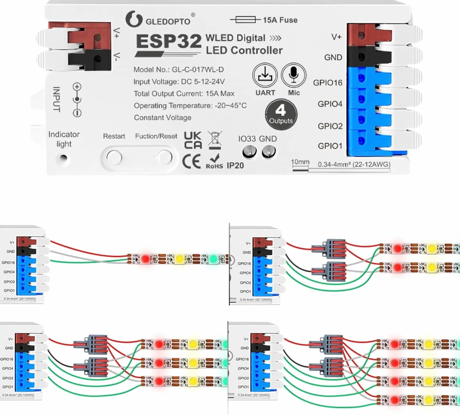 ESP32 WLED cyfrowy kontroler LED z 4 kanałami, bezpiecznik 15 A, dźwięk mikrofonu, UART, DIY-FCOB, adresowalna listwa świetlna do WS2811, WS2812, SK6812, TM1814, WS2813, WS2815 (GL-C-017WL-D)