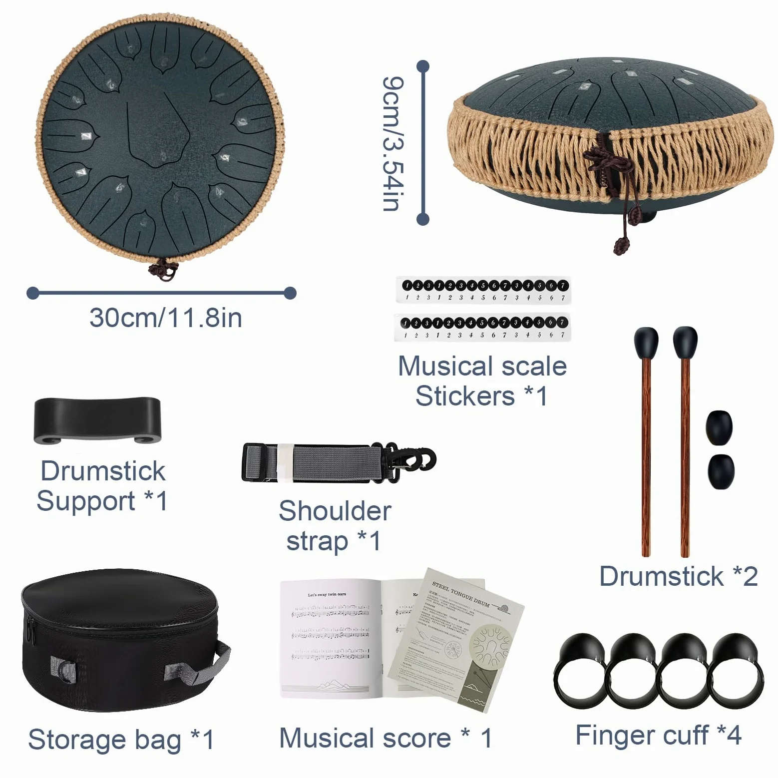 Bęben językowy 30 cm, 15 tonów, stalowy bęben dźwiękowy, D-Dur instrument z pałeczkami dla dzieci, do medytacji, jogi, uzdrawiania dźwięku (granatowy, 35 cm)