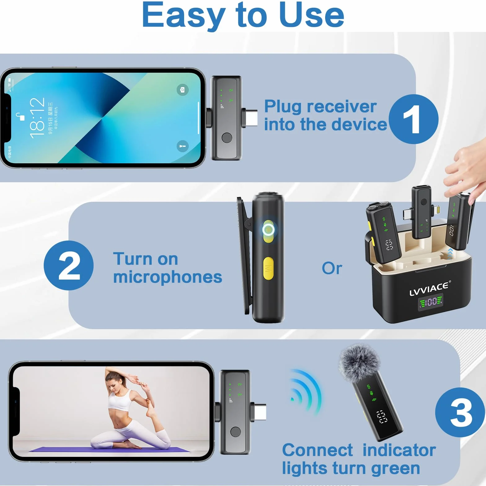 Bezprzewodowy mikrofon do iPhone'a, iPada, Androida (Lightning/USB C), podwójne mikrofony i etui ładujące z cyfrowym wyświetlaczem, inteligentna redukcja szumów, bateria 45H, zasięg 50 m do
