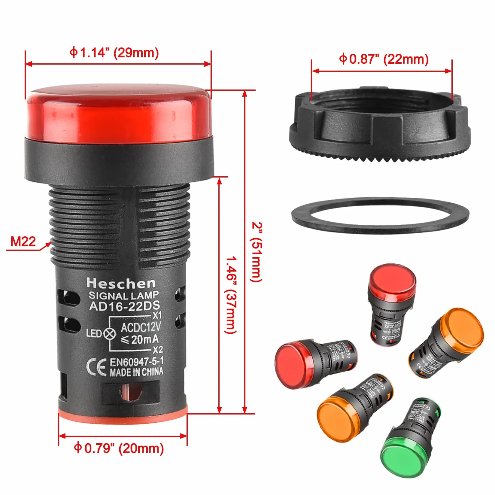 Heschen Lampka kontrolna LED 22 mm, AD16-22D/S, 12 V DC, 20 mA, czerwony zielony żółty kolor światła, 3 szt