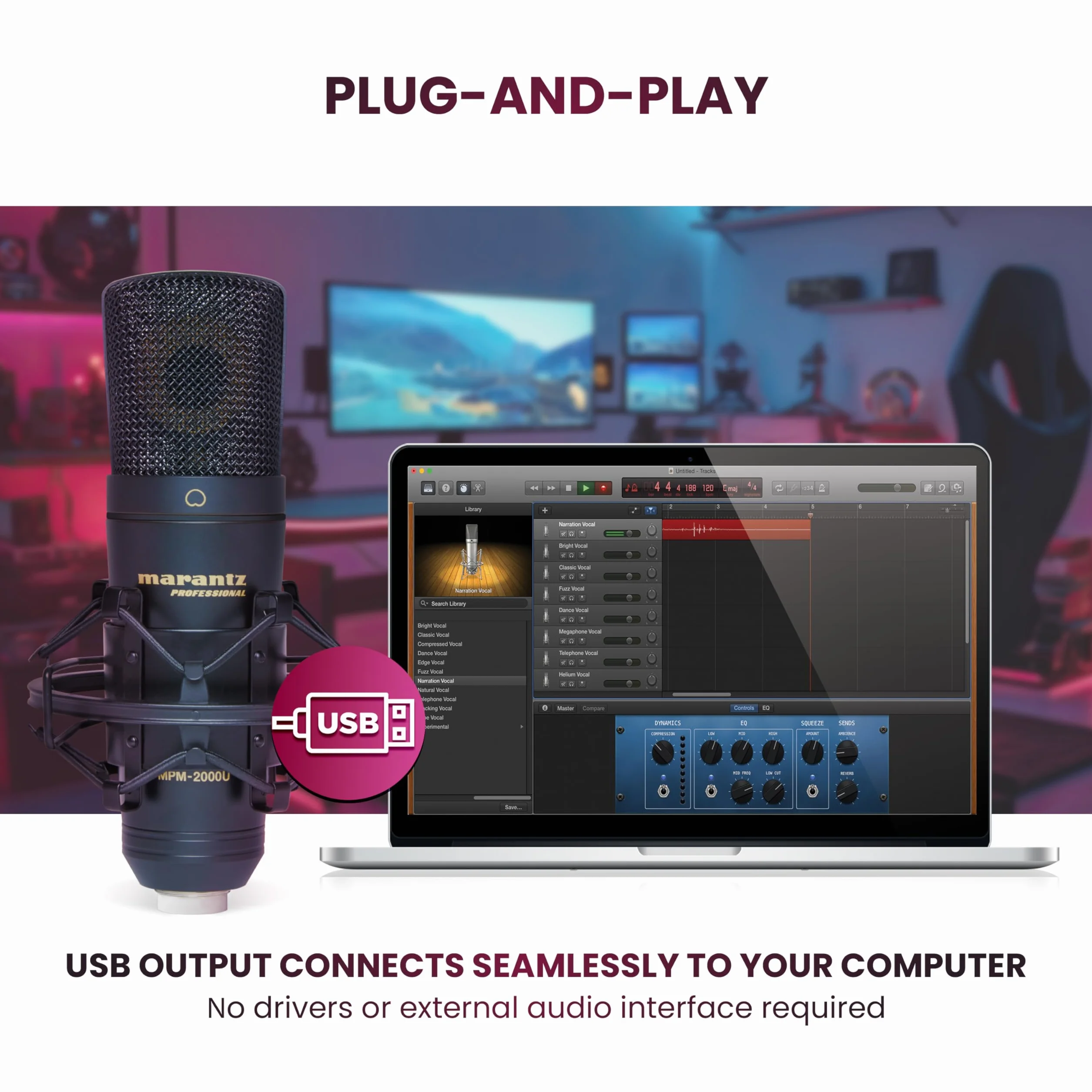 Marantz Professional MPM-2000U - Mikrofon Pojemnościowy USB do Nagrywania na Komputerze, Podcastów i Gier i Uchwyt Antywstrząsowy, Kabel USB i Etui