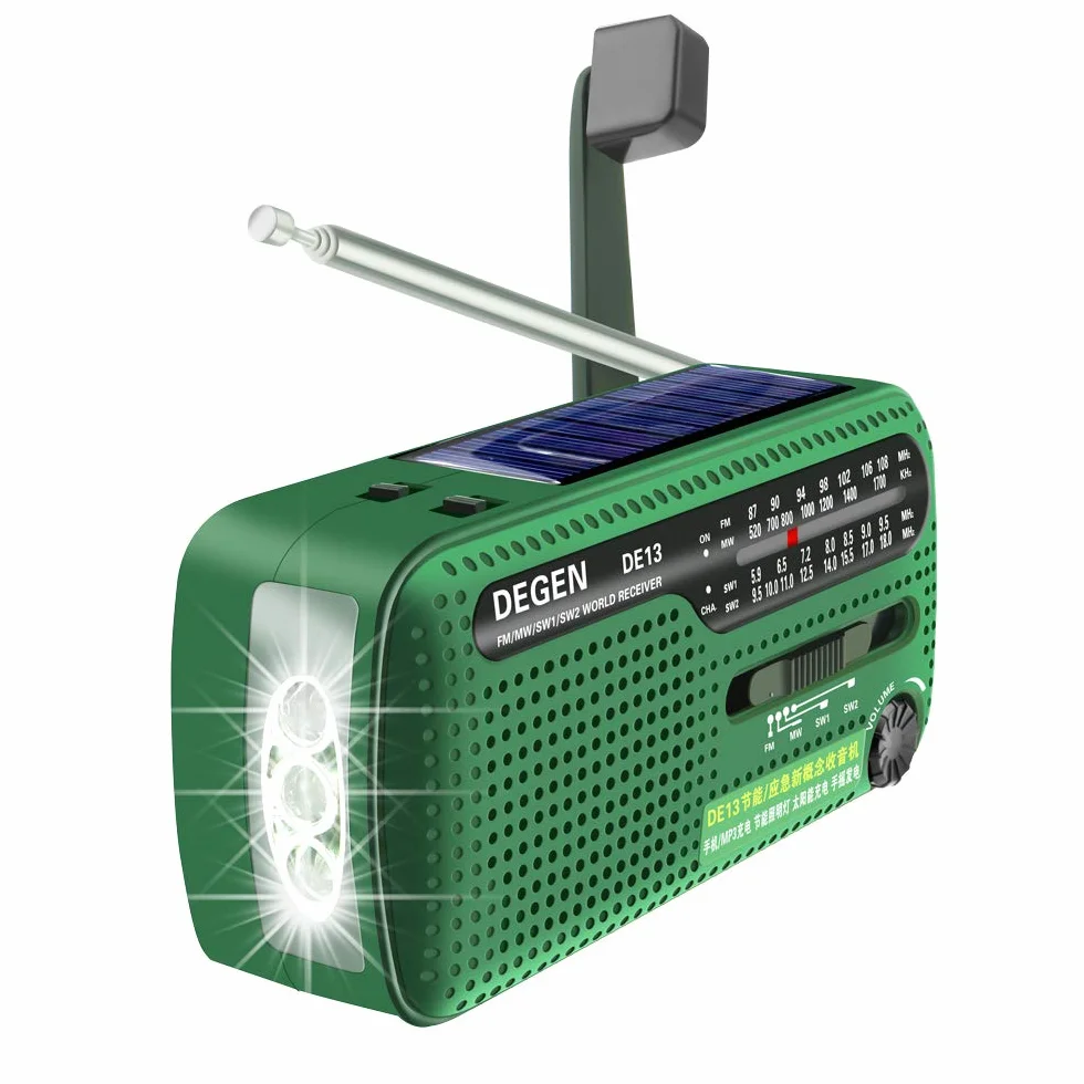 DEGEN DE13 Wind Up Radio korbowe solarne FM AM SW awaryjne radio pogodowe latarka SOS alarm ładowalny telefon komórkowy do użytku awaryjnego i na zewnątrz zielony