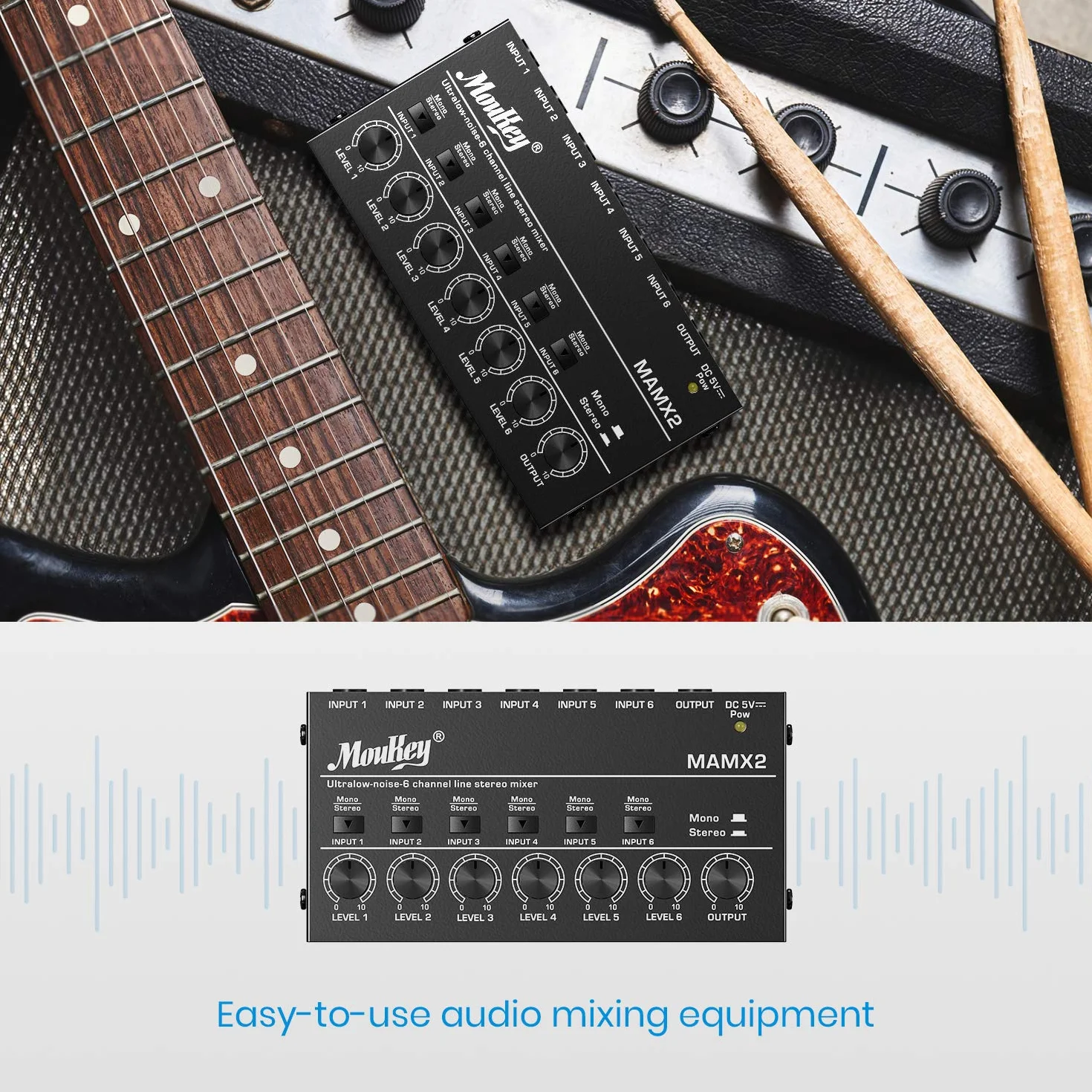 Moukey 6-kanałowy mikser liniowy o bardzo niskim poziomie hałasu do sub-miksowania, DC 5 V 6-stereo, mini mikser audio, idealny do małych klubów lub barów, gitar, basów, klawiatur lub miksera