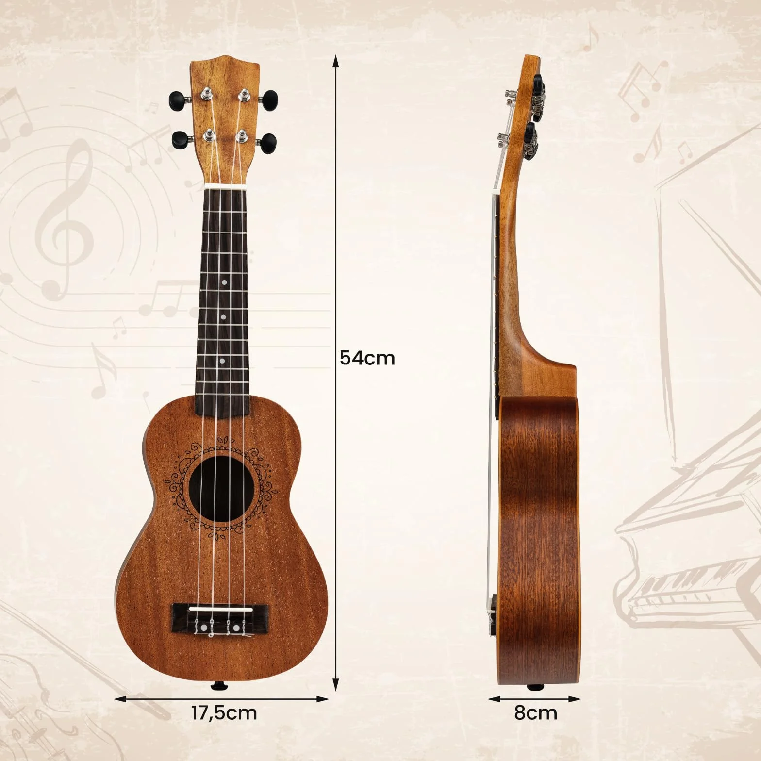COSTWAY Ukulele sopranowe, drewniane ukulele 21", zestaw startowy z torbą, pick, tunerem, gęstymi i dodatkowymi strunami nylonowymi, w stylu vintage, mała gitara w stylu vintage, dla dzieci, dorosłych