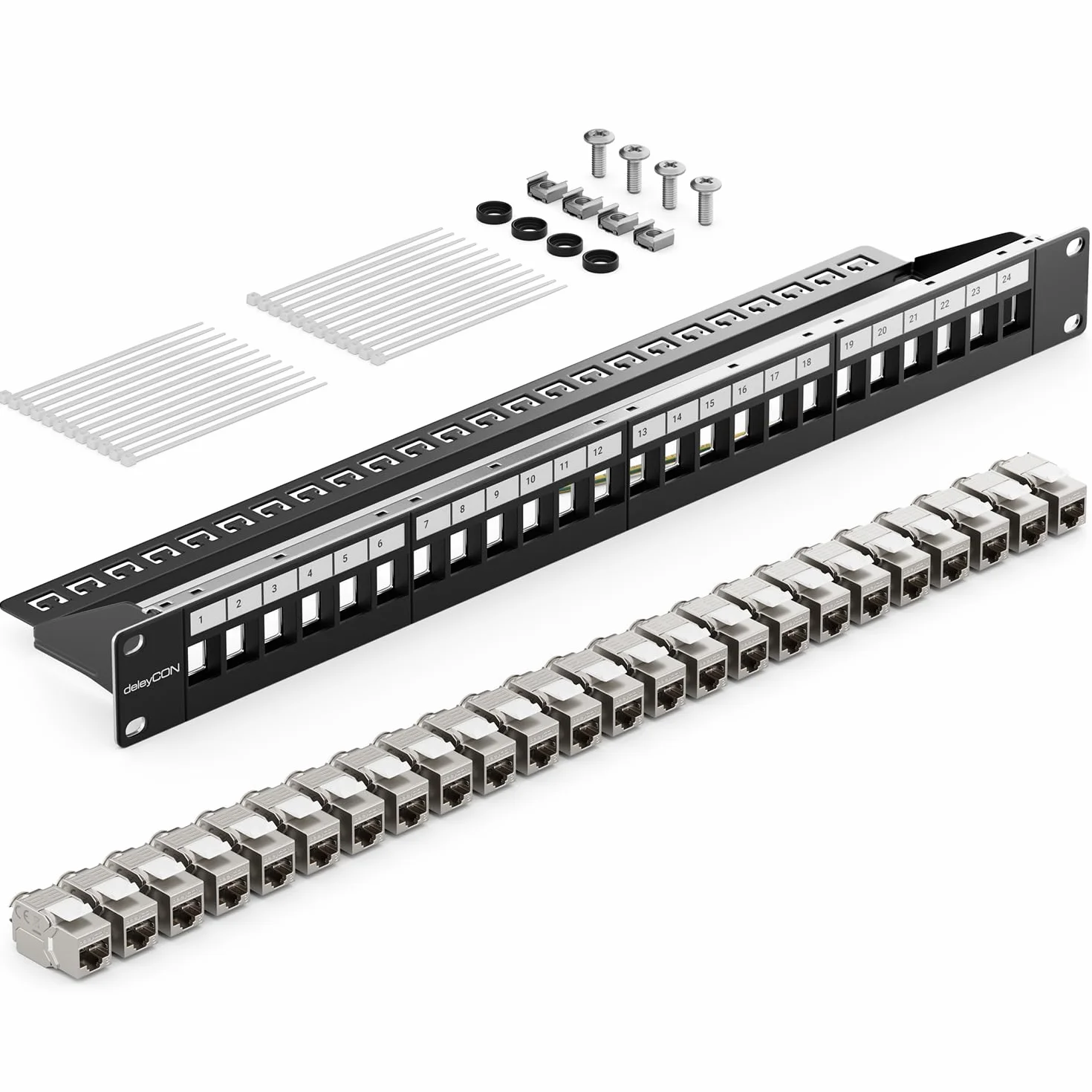 deleyCON 24 Port CAT 8 Patchpanel Zestaw Pole Dystrybucyjne Patch Panel 19" Cali 1U + 24x Moduł RJ45 Keystone Jack CAT8 40 Gbit/s 2000 MHz Kompatybilny z Kablami Instalacyjnymi CAT7 CAT-8 Ethernet