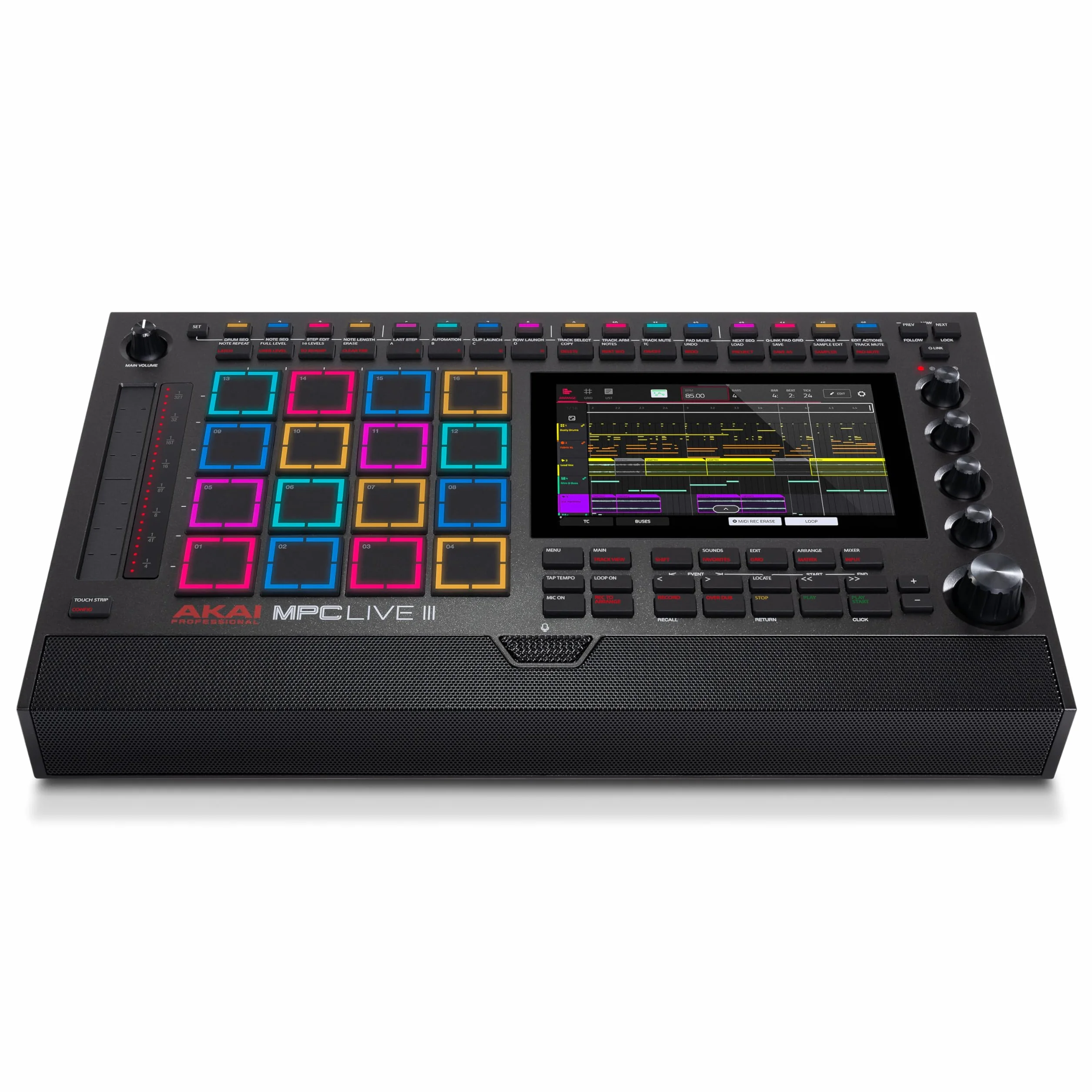 Akai Professional MPC Live III Przenośne centrum produkcji muzycznej z padami MPCe, sekwencerem, ekranem dotykowym, mikrofonem, monitorami, interfejsem audio, Wi-Fi, Bluetooth, baterią, touchstripem