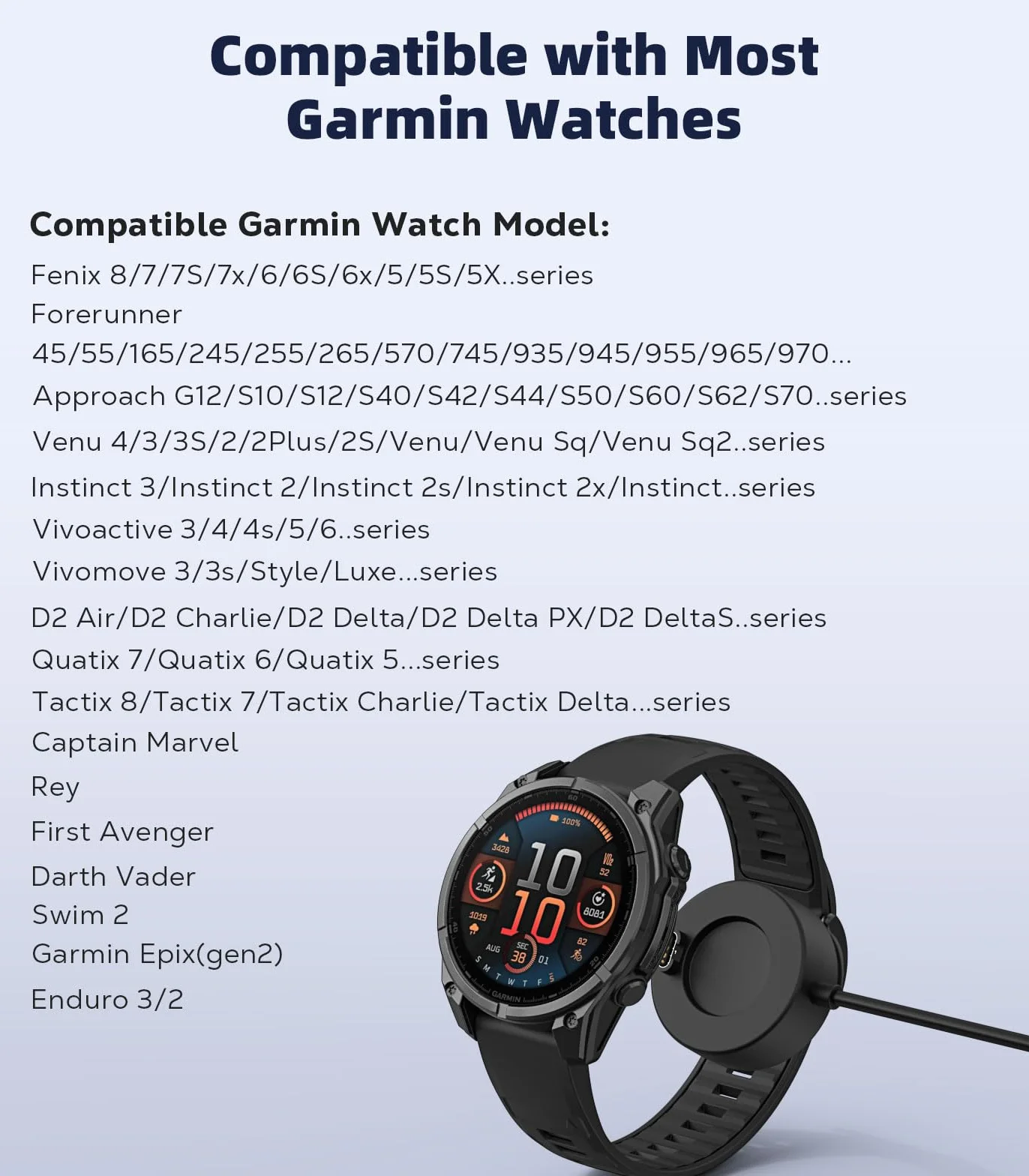 MoKo 2 in 1 Garmin Watch Charger, USB-C Charger Cable Compatible with Garmin Vivoactive 6/5, Fenix 8/7/6/5, Forerunner 970/570/965/265/255/165, Instinct, Venu 4/3s, 3.3 ft/1m Charging Code, Black