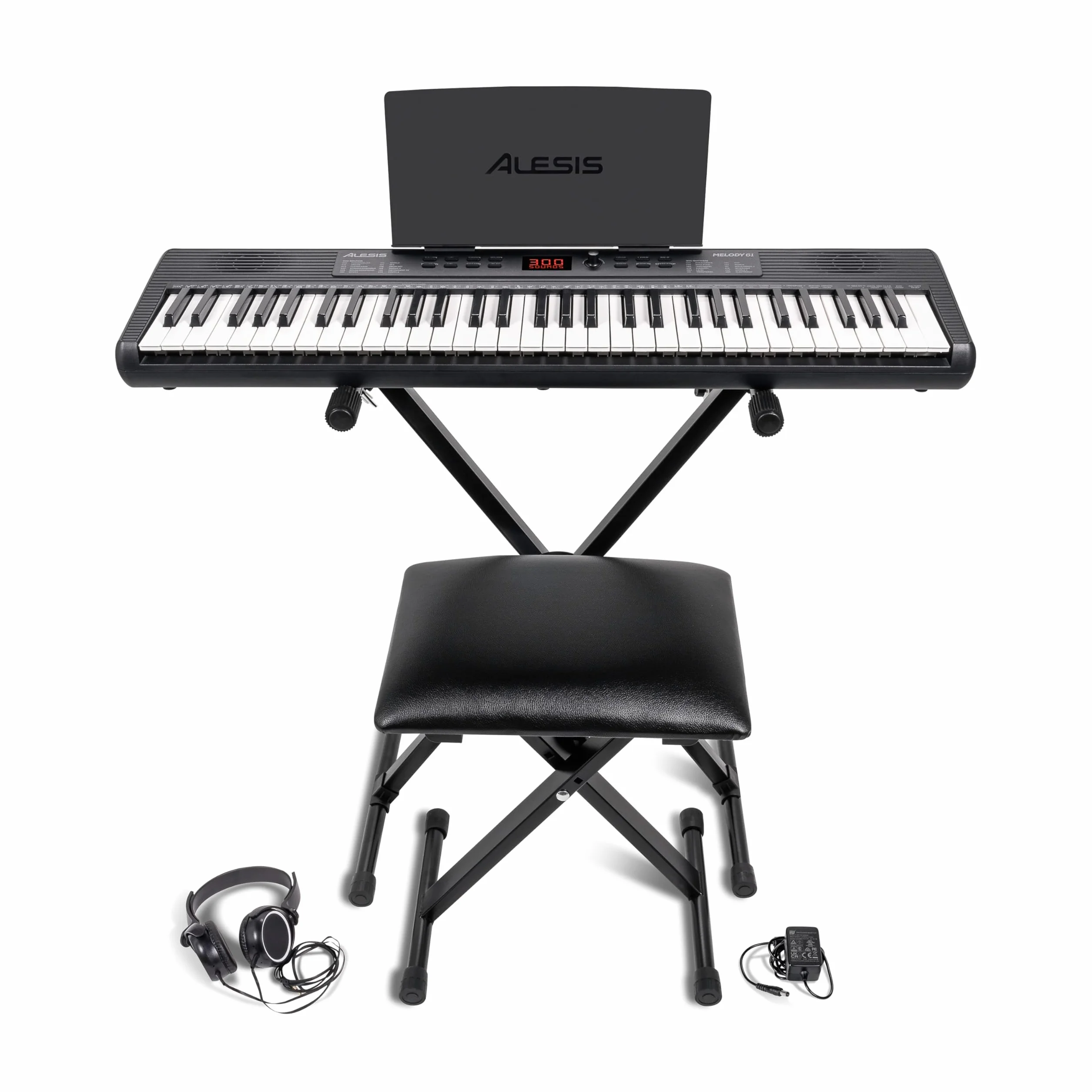 Alesis Melody 61 Pianino dla Początkujących z 61 Klawiszy, Głośniki, Stojak, Ława, Słuchawki, Podpórka pod nuty/tablet, 300 Brzmień i Lekcje gry