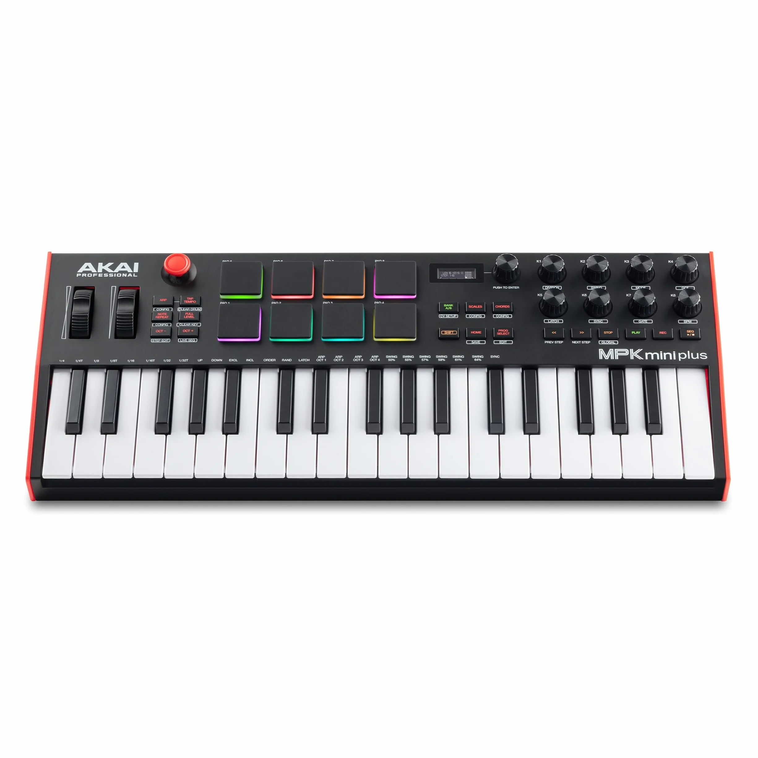 Akai Professional MPK Mini Plus – klawiatura sterująca USB MIDI z 37 miniklawiszami, 8 padami MPC, sekwencerem, MIDI/CV/Gate I/O, programem do produkcji muzyki oraz pakietem Native Instruments