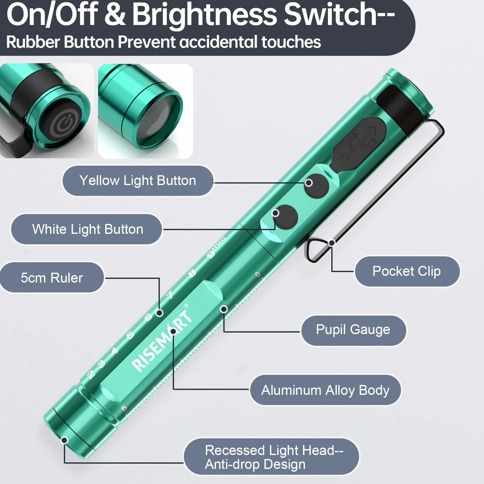 Lampa diagnostyczna, medyczna lampa źrenicy LED, z kablem USB, ciepła / zimna biel i bezstopniowe ściemnianie, przenośna, aluminiowa, medyczna lampa źrenicy z klipsem (Mars Green)