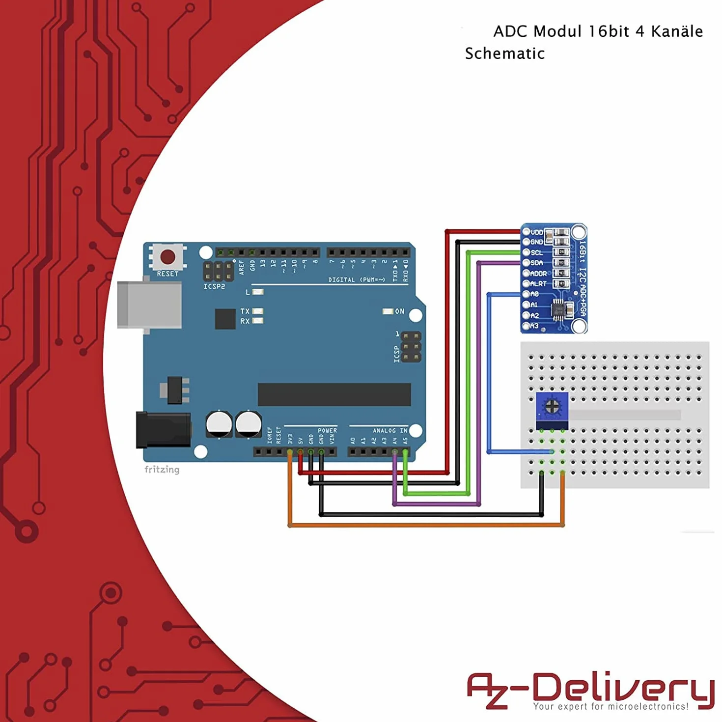 AZDelivery Compatible with ADS1115 ADC moduł 16bit 4 kanały kompatybilne z Arduino i Raspberry Pi z e-Book!