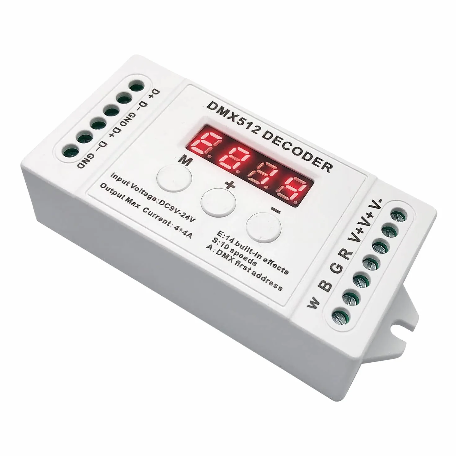 GIDEALED 4-kanałowy dekoder DMX, RGBW DMX512 dekoder z wyświetlaczem cyfrowym, sterownik ściemniacza PWM 16 A, kontroler LED RGB RGBW DC9-24 V