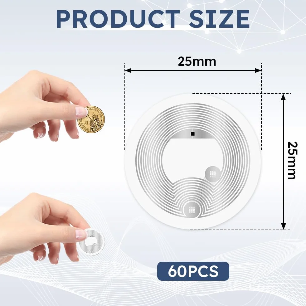 AXFEE 60 szt. znaczników NFC NTAG216, białe okrągłe naklejki NFC, średnica 25 mm, programowalne znaczniki NFC, pamięć RFID 888 bajtów, kompatybilna ze wszystkimi telefonami i urządzeniami