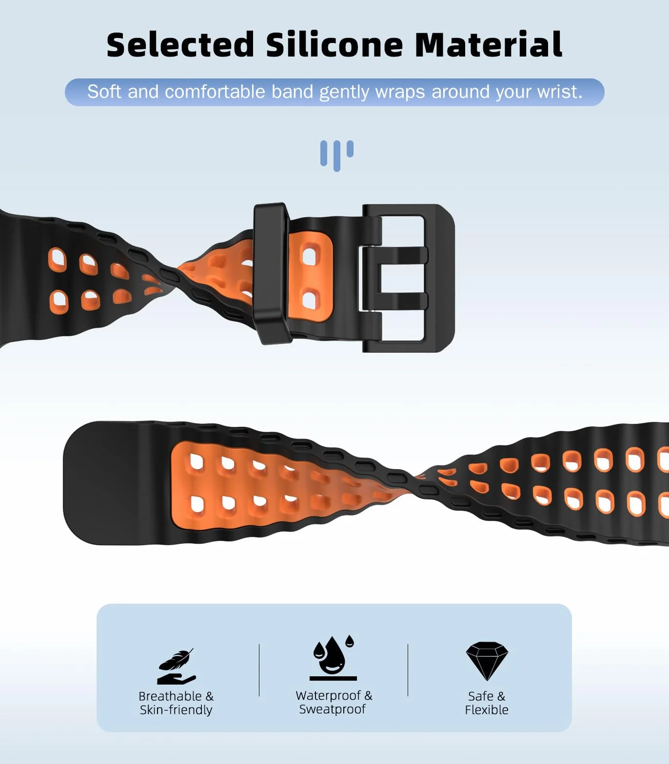 Breathable Ocean Strap Compatible with Apple Watch Ultra 2/Ultra 49mm,Series 10 46mm,9/8/7 45mm,SE2/SE/6/5/4 44mm,3/2/1 42mm, Silicone Watch Band Sport Strap for Men Women, Black/Orange