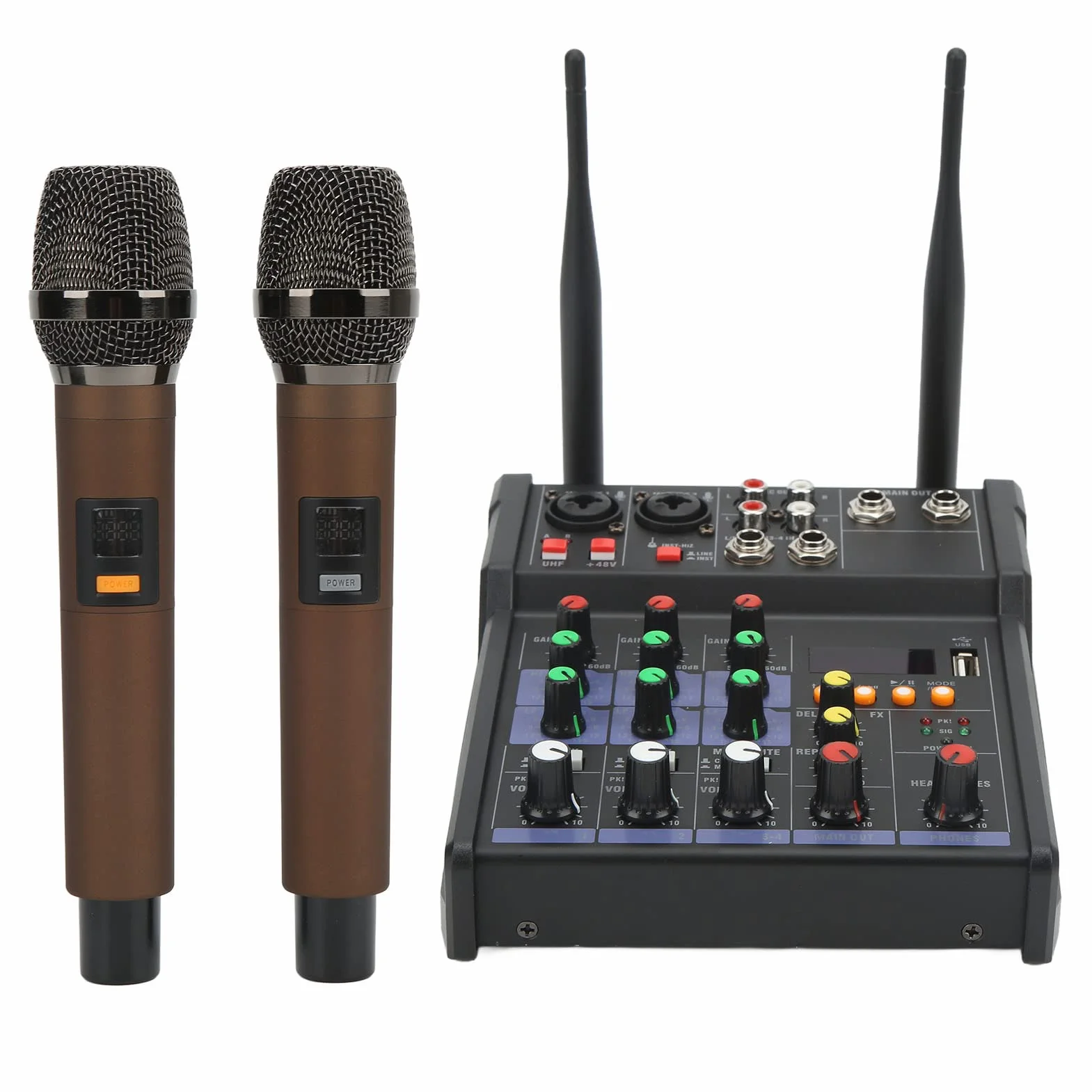4-kanałowy Mały Mikser Stereo, Mikser Stereo Bluetooth U Disk lub MP3 Play, z 2 Bezprzewodowymi Mikrofonami Ręcznymi, Idealny do Domowego Karaoke, Wesela, Imprezy