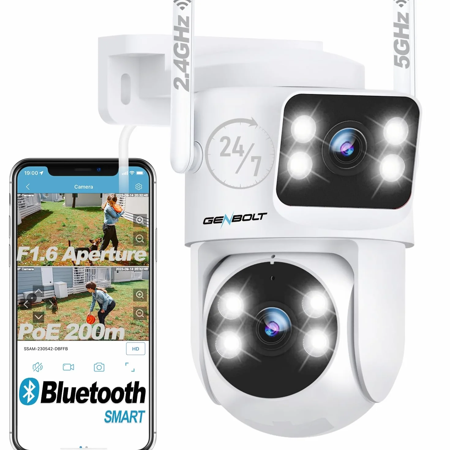 GENBOLT PTZ Kamera Zewnętrzna WiFi 2.4&5GHz, CCTV Monitoringu PoE Kamera IP Zewnętrzna z Kolorowe widzenie nocne, Wykrywanie Humanoidów, Automatyczne śledzenie [Podwójny Ekran]