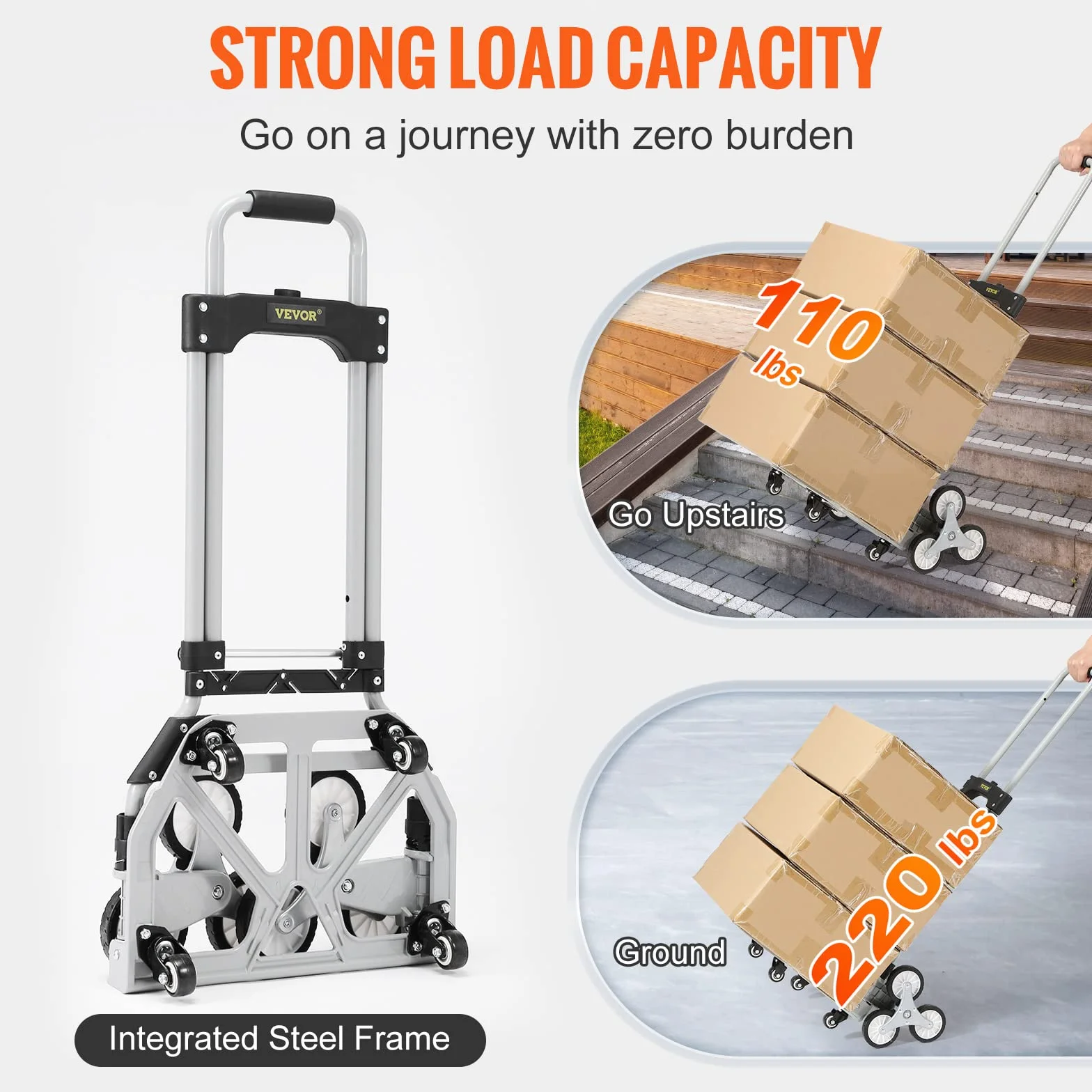 VEVOR Wózek schodowy 50-100 kg Diabeł Składany ze stopu aluminium Wysokość Regulowany uchwyt 82-116 cm 4 koła uniwersalne taca 39x27 cm do magazynu lotniska centrum handlowego