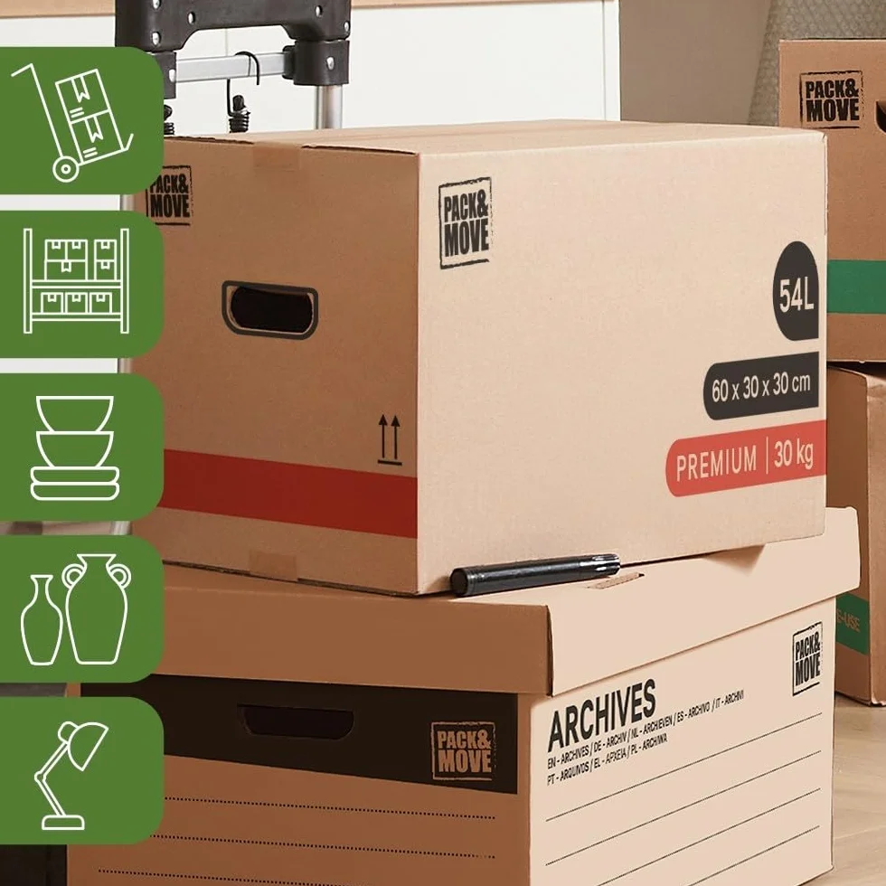 Pack And Move - Zestaw 40 kartonów przeprowadzkowych premium - 60 x 30 x 30 cm - ekstremalna wytrzymałość 25 kg - wielokrotnego użytku - podwójna grubość - wzmocnione uchwyty - 2 naklejki w zestawie