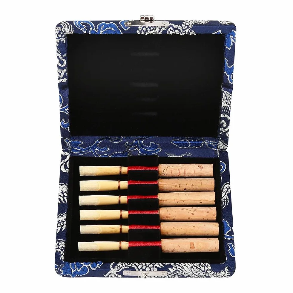 Oboe Reeds etui, drewniana + jedwabna tkanina pokrowiec na ustniki Oboe pojemnik do przechowywania instrument muzyczny pudełko części zamienne do 6 szt. stroików obboe (niebieski)