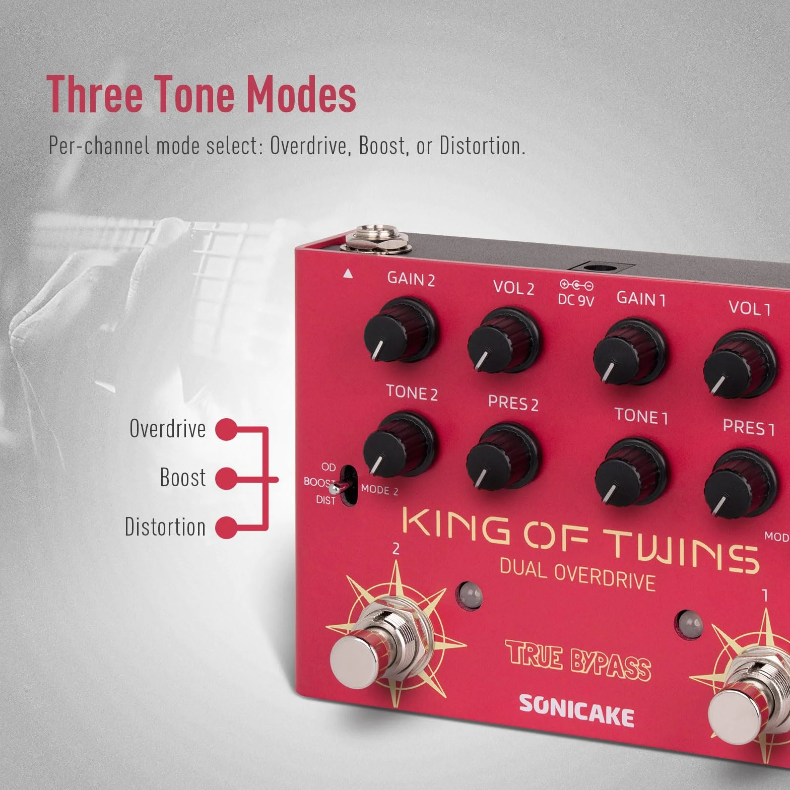SONICAKE Overdrive, dwukanałowy, 3 tryby - Overdrive/Boost/Dystorsja, kompaktowy efektów do gitary basowej i elektrycznej, czysty obwód analogowy, True Bypass - King of Twins QDS-08