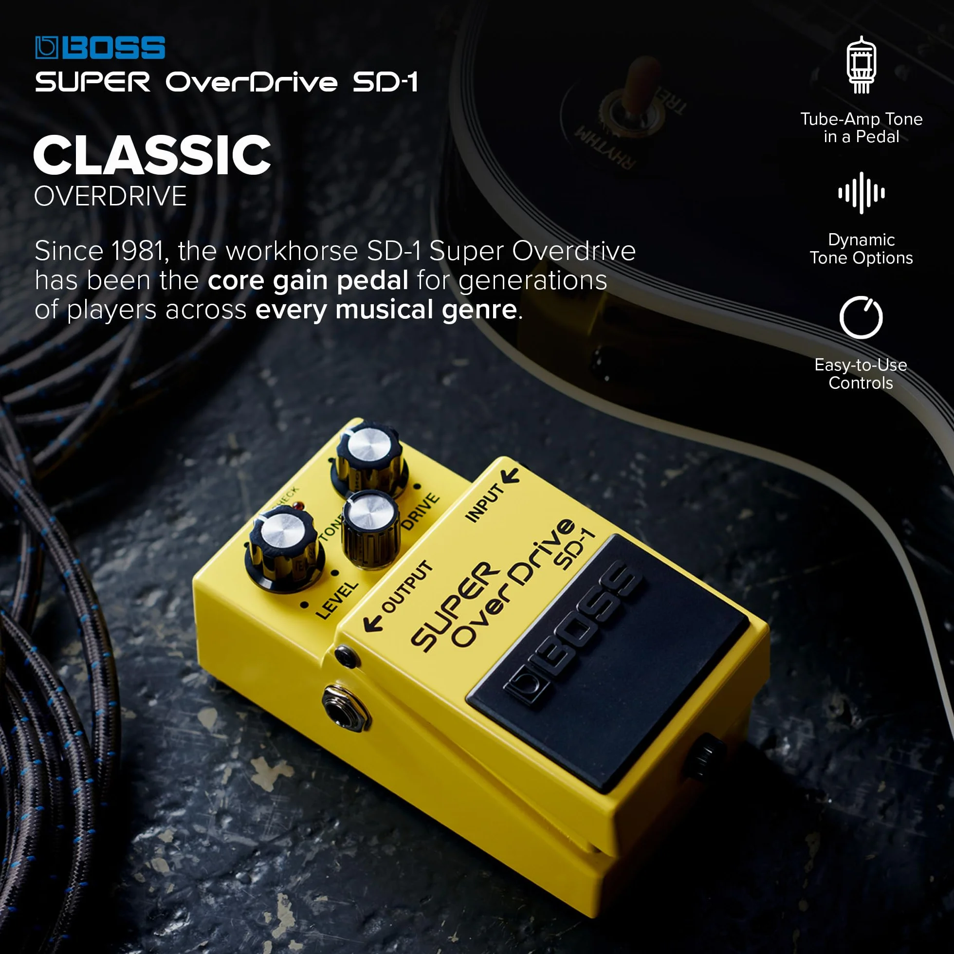 Efektu Gitarowy BOSS SD-1 SUPER OverDrive | Definiujący Gatunek Dźwięk Overdrive | Od Łagodnych do Umiarkowanych Brzmień Drive | Idealny do Użytku Wzmacniaczami typu Clean | 5-letnia Gwarancja