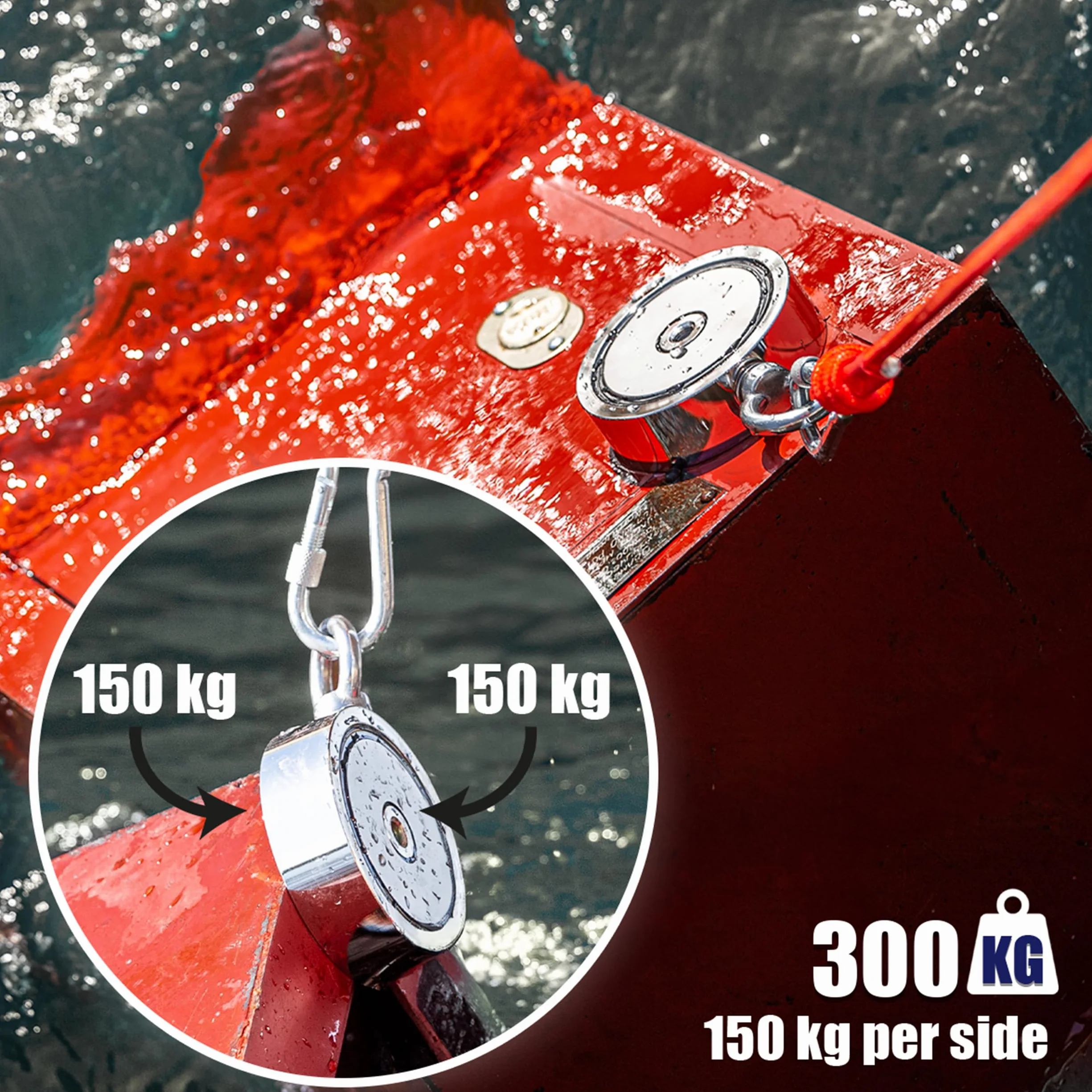 MAGFISHION Dwustronny Zestaw do Magnetycznego Wędkarstwa - Siła Przyciągania 300KG (2x 150kg) - Ø60mm - Magnes Neodymowy - Z Ciemnopomarańczową Liną (20M) & Rękawice - Magnes Ryba