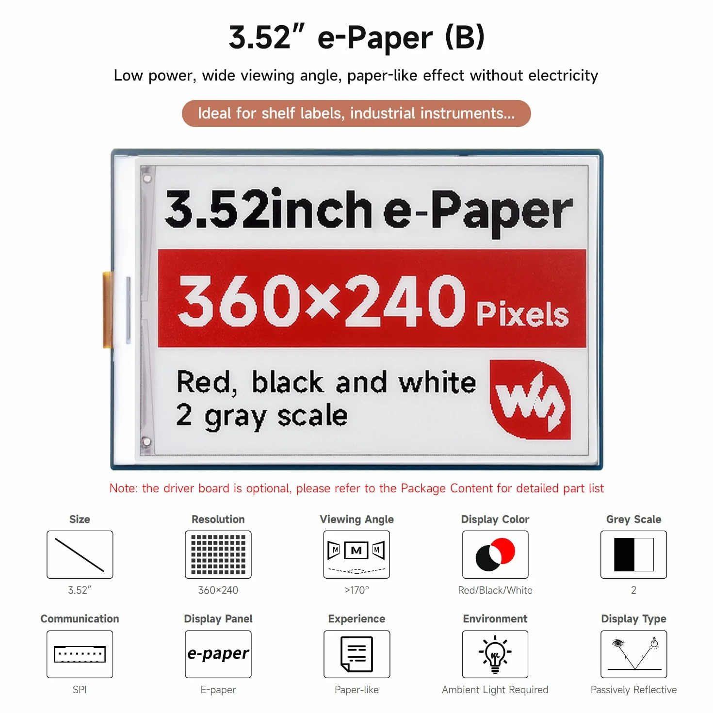 Waveshare 3.52inch e-Paper Display (B), e-Ink Display, 360x240, Red/Black/White, Compatible with Raspberry Pi 5/4B/3B/Zero/Zero W/Zero 2W/Pico/Pico, Support Jetson Nano/TX2/Xavier N/Orin and RDK X3