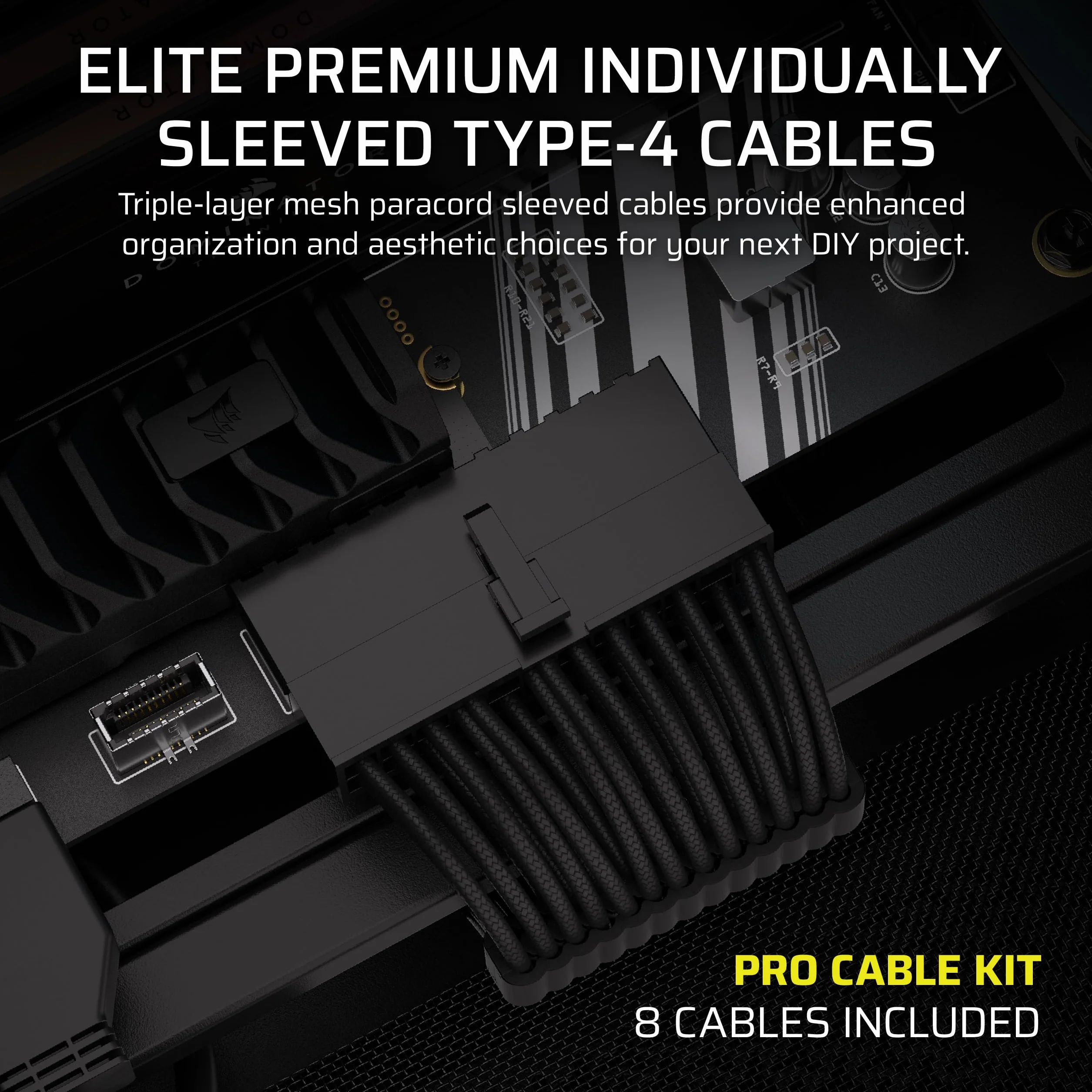 Corsair Elite Premium Typ 4 Pojedynczy Kabel PSU z Osłoną, Niskoprofilowe Grzebienie Kablowe, Potrójny Rękaw Paracord, Kompatybilny z Zasilaczami Typ 4 - Czarny
