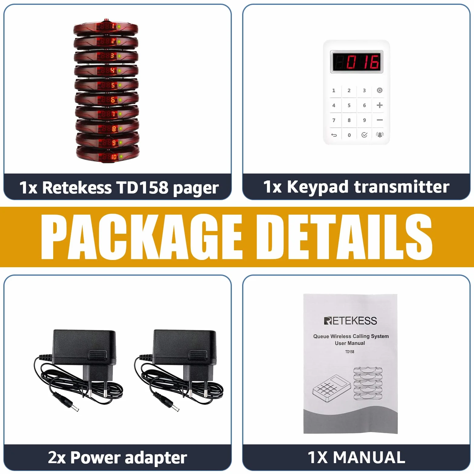 Retekess TD158 Pager Restauracyjny, Bezprzewodowy System Przywoławczy, Wyświetlacz LED, 4 Tryby Wywoływania, Bateria o Dużej Pojemności, Klawiatura Wyciszająca, Restaurant Pager, Hotel