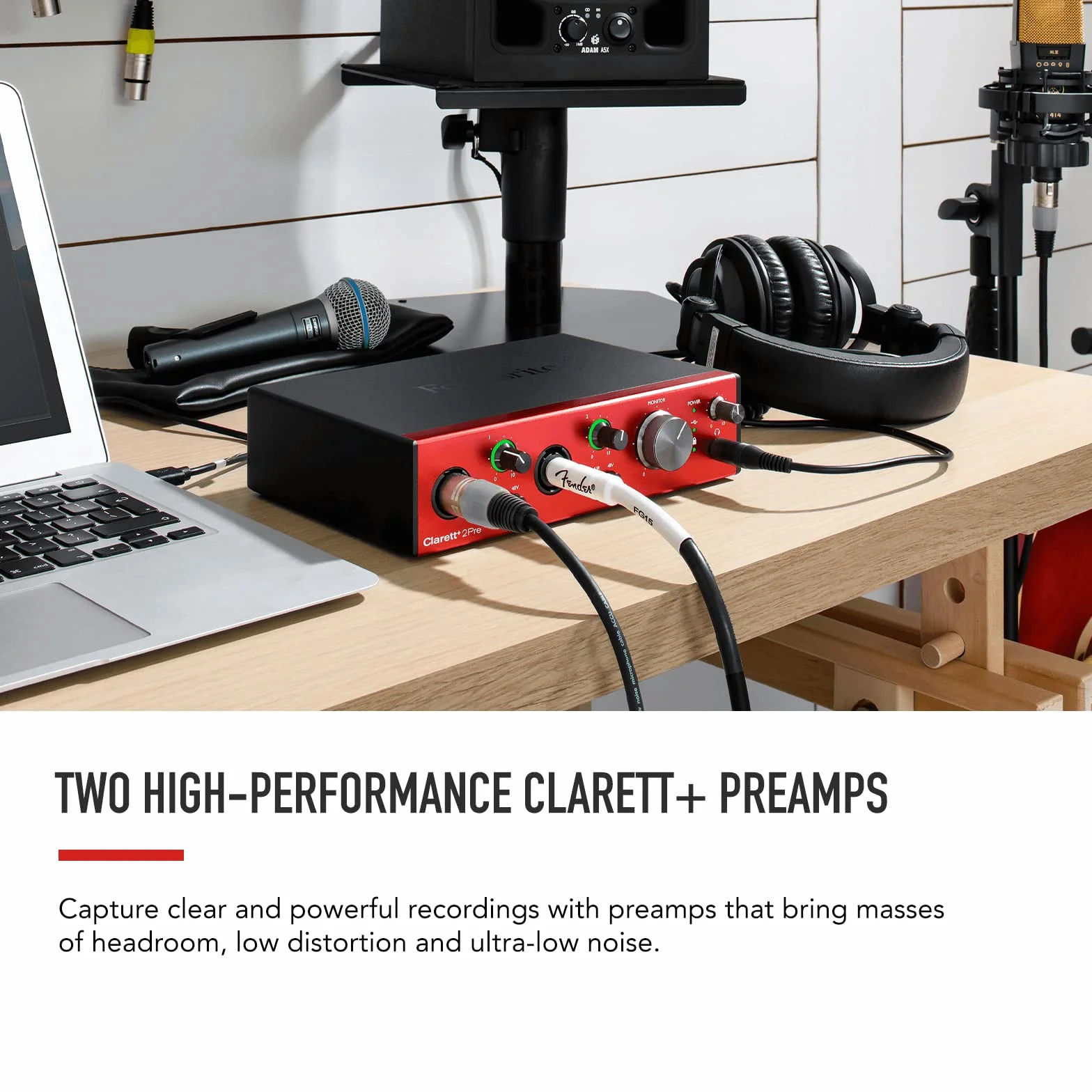 Interfejs audio Focusrite Clarett+ 2Pre zasilany USB-C do produkcji muzyki, z dwoma profesjonalnymi przedwzmacniaczami i wydajnymi wyjściami słuchawkowymi/instrumentami o wysokiej wierności