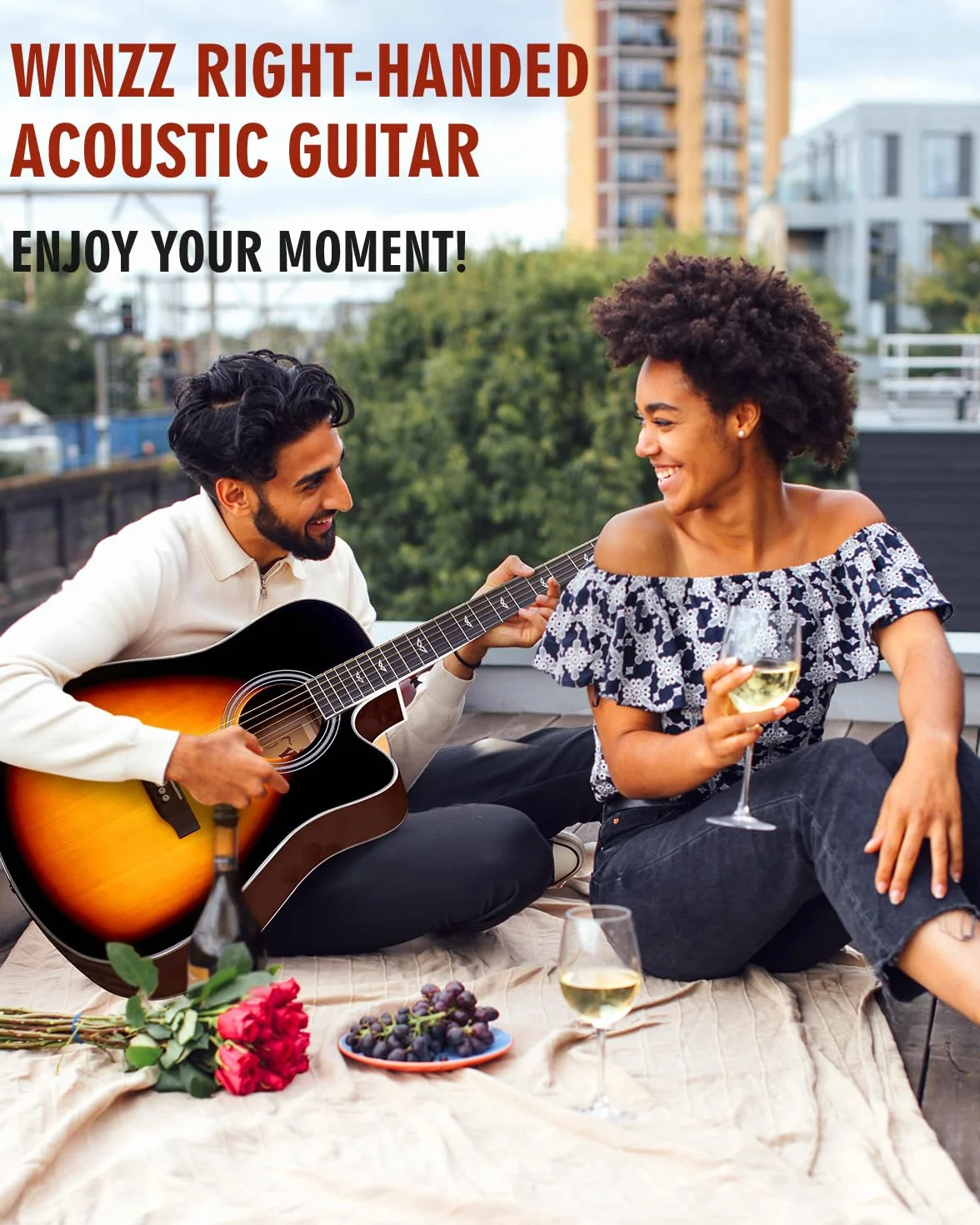 Winzz Elektryczna gitara akustyczna 4/4, zestaw do gitary westernowej, dla początkujących, gitara akustyczna, 41", z 4-pasmowym korektorem (Dreadnought, błyszcząca)