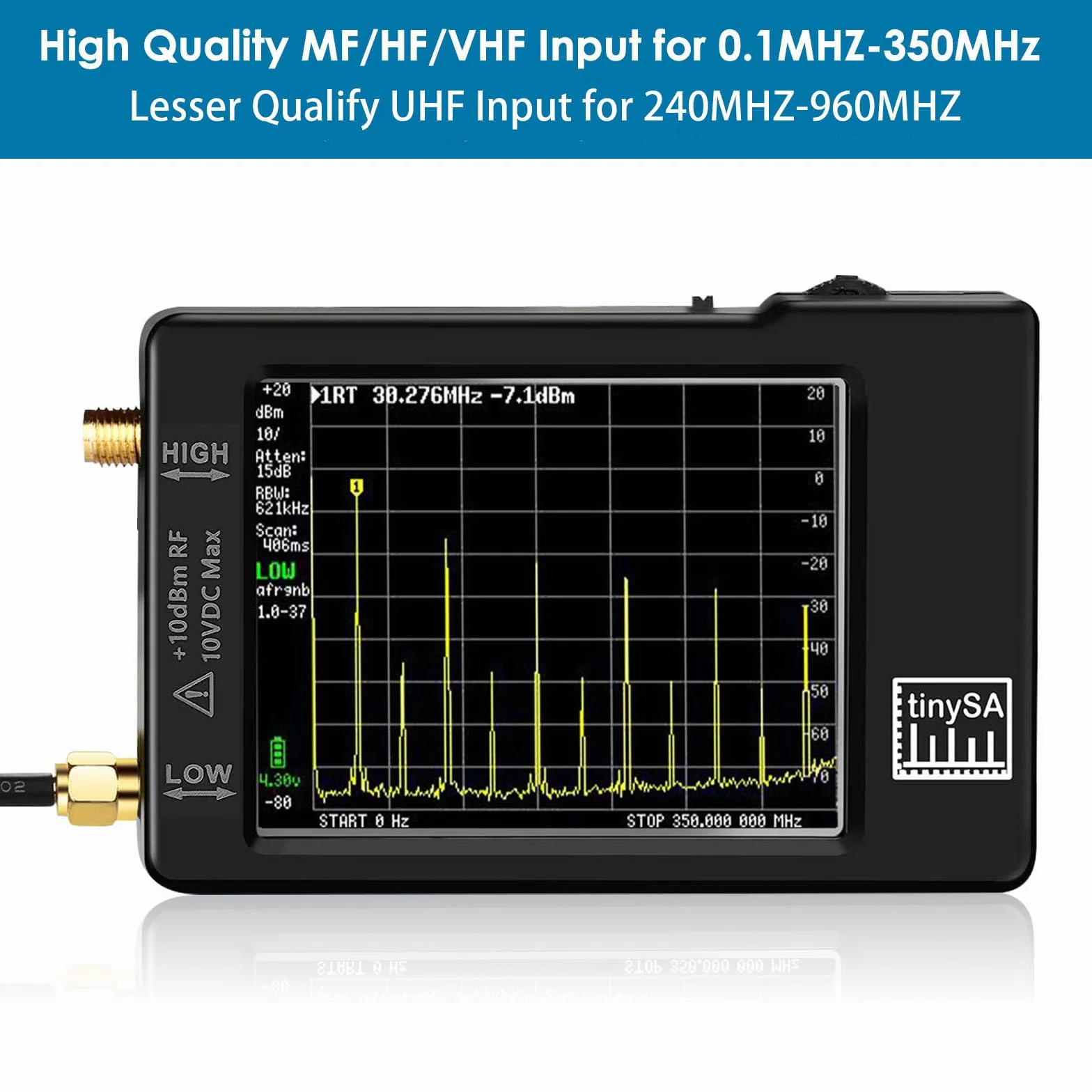 AURSINC Przenośny analizator widma tinySA - zaktualizowany analizator częstotliwości V0.3.1 | Wejście 100 kHz przy 960 MHz MF, HF, VHF UHF | Funkcja ochrony ESD i ekranu dotykowego & 2,8 cala