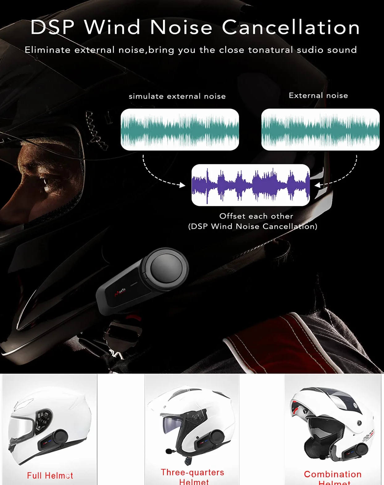 Maxto Motocyklowy zestaw słuchawkowy Bluetooth, M2 Systemy komunikacji z kaskiem motocyklowym, 6-kierunkowy BT5.0 Wodoodporny interkom, zasięg 1000 m, z radiem FM, Siri, wybieranie głosowe do jazdy na
