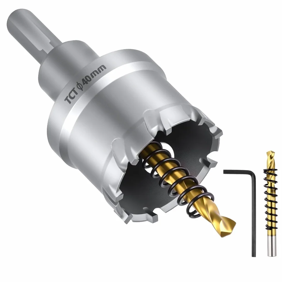 Flintronic Otwornica Ø 40 mm, wiertło z twardego metalu, otwornica TCT, otwornica bimetalowa, 2 ziarna, zestaw do metalu, stali nierdzewnej, stopu aluminium, tworzywa sztucznego i drewna