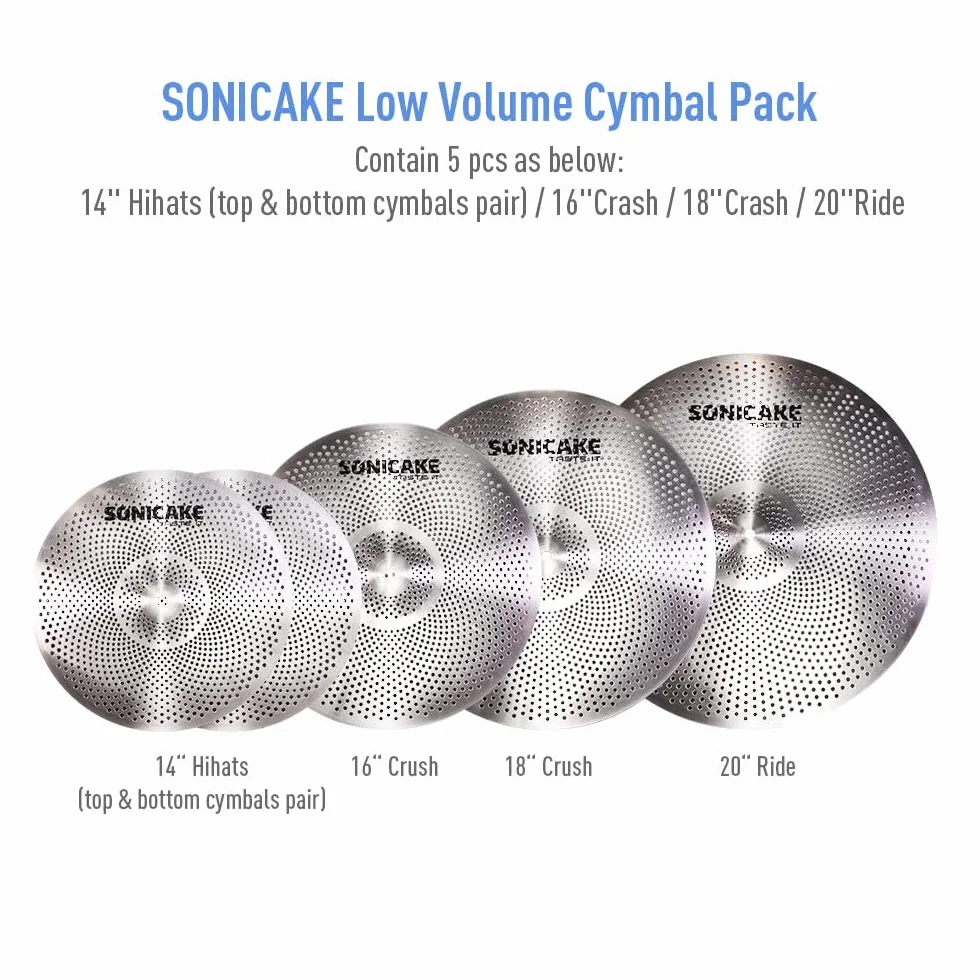 SONICAKE Zestaw talerzy o niskiej objętości, zestaw cichych talerzy 35 cm, Hi-Hat+40 cm, Crash 45 cm + 50 cm zestaw talerzy treningowych, 5 szt., srebrny