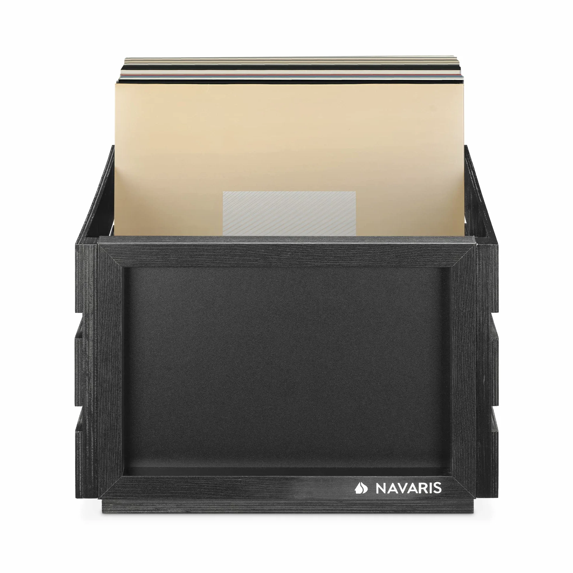 Navaris Drewniana skrzynka na płyty gramofonowe z tablicą do pisania kredą – 42,9 x 34,4 x 22,9 cm – na maks. 80 płyt LP – winylowa skrzynka drewniana – czarna
