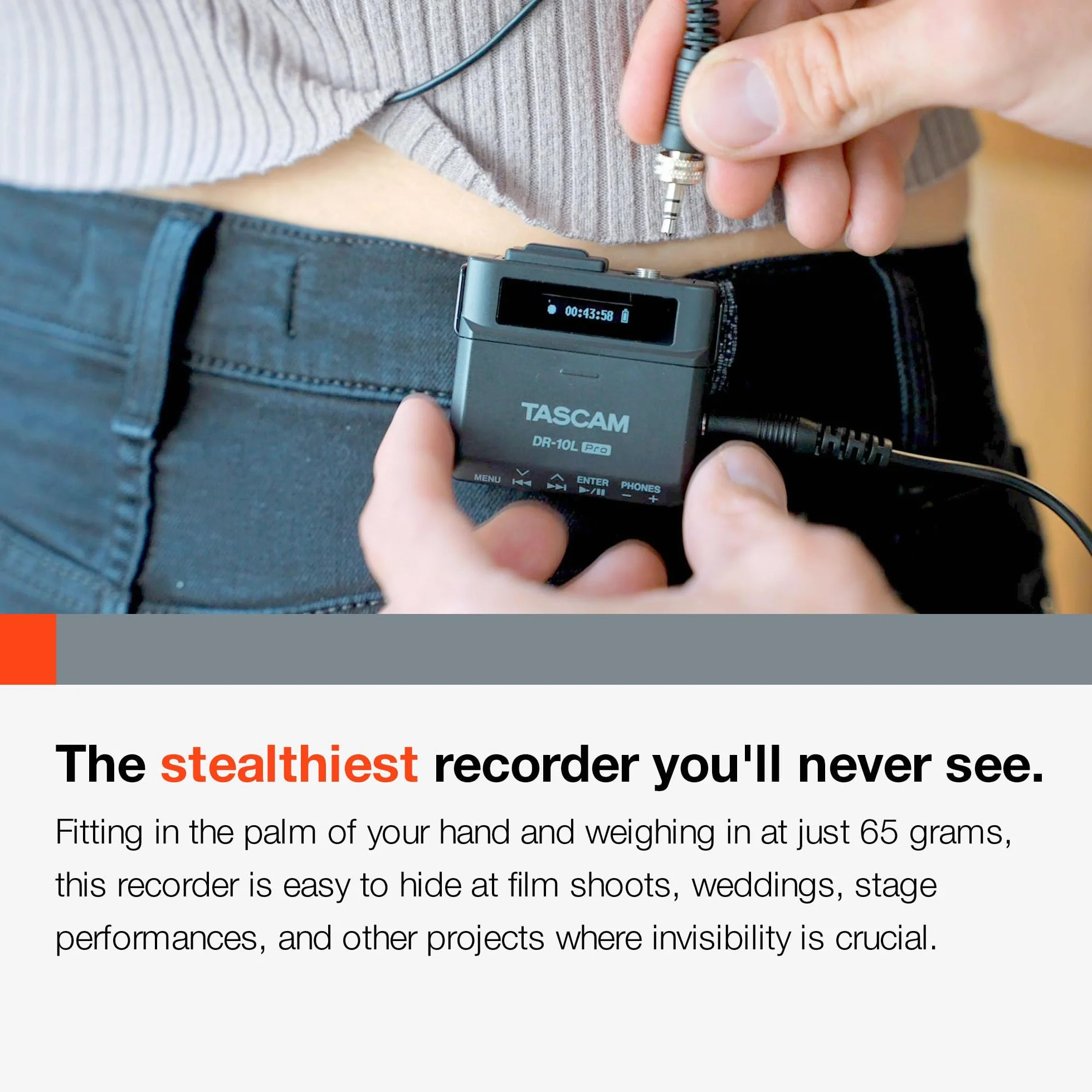 TASCAM DR-10L Pro – 32-bitowy rejestrator audio z mikrofonem lavalier, opcja Bluetooth do zdalnego sterowania i synchronizacji, obsługuje LTC Jam Sync