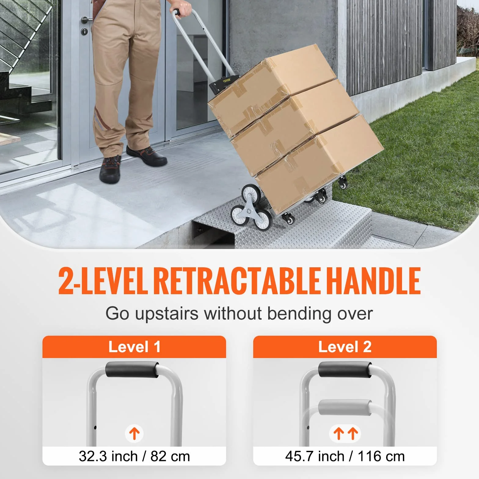 VEVOR Wózek schodowy 50-100 kg Diabeł Składany ze stopu aluminium Wysokość Regulowany uchwyt 82-116 cm 4 koła uniwersalne taca 39x27 cm do magazynu lotniska centrum handlowego
