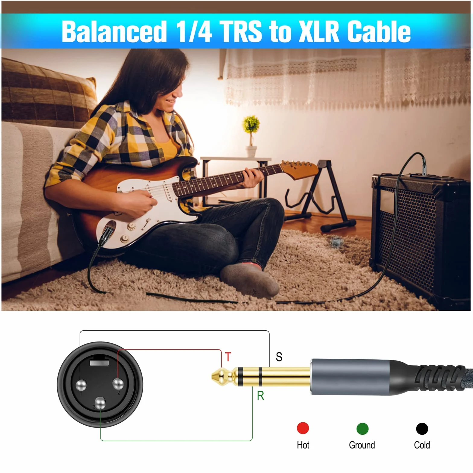 Twozoh Jack 6,35 mm na XLR Męski 3-pinowy Kabel Audio 1M 2 Pack, Pleciony XLR Męski na 1/4 TRS Kabel do gitary stereo (Profesional/Hifi)